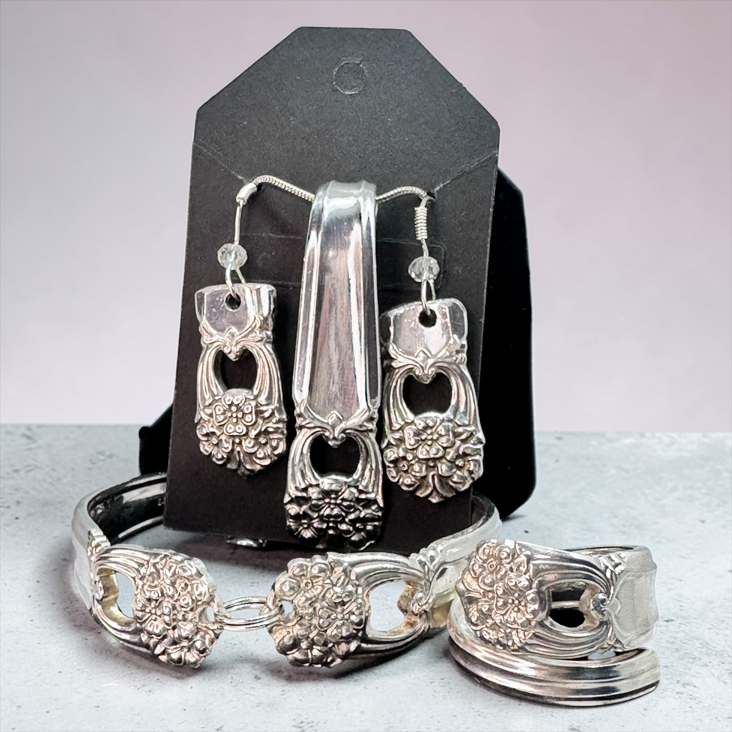 Eternally Yours” Spoon Jewelry Set – Vintage Floral Heart Bracelet, Earrings & Pendant | Upcycled Silverware Collection