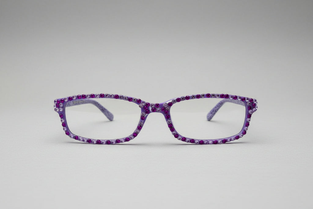 Purple decorative eyeglasses on a textured surface