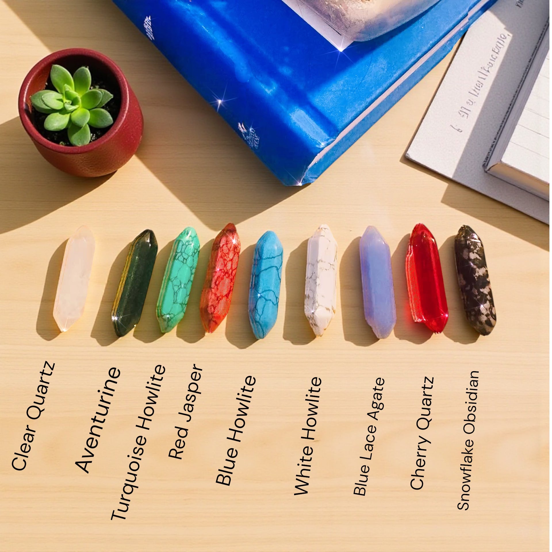 Genuine Gemstone Clip – ATM Card Grabber, & Bracelet Helper showcasing various gemstones including Clear Quartz, Aventurine, and Red Jasper arranged artistically.