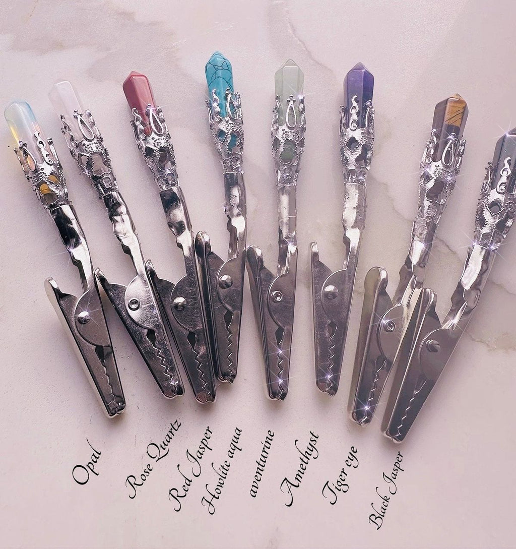 Genuine Gemstone Clip – ATM Card Grabber, & Bracelet Helper featuring a variety of gemstones including Opal, Rose Quartz, Red Jasper, Arabian Aqua, Aventurine, Amethyst, Tiger Eye, and Black Jasper with ornate metalwork and alligator clips.