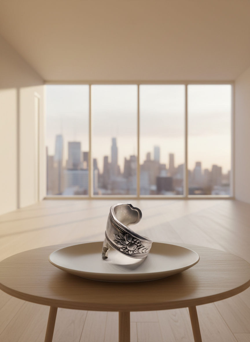 Handmade Vintage Silver Spoon Ring with Adjustable Moon and Heart Charm - Unique Statement Jewelry