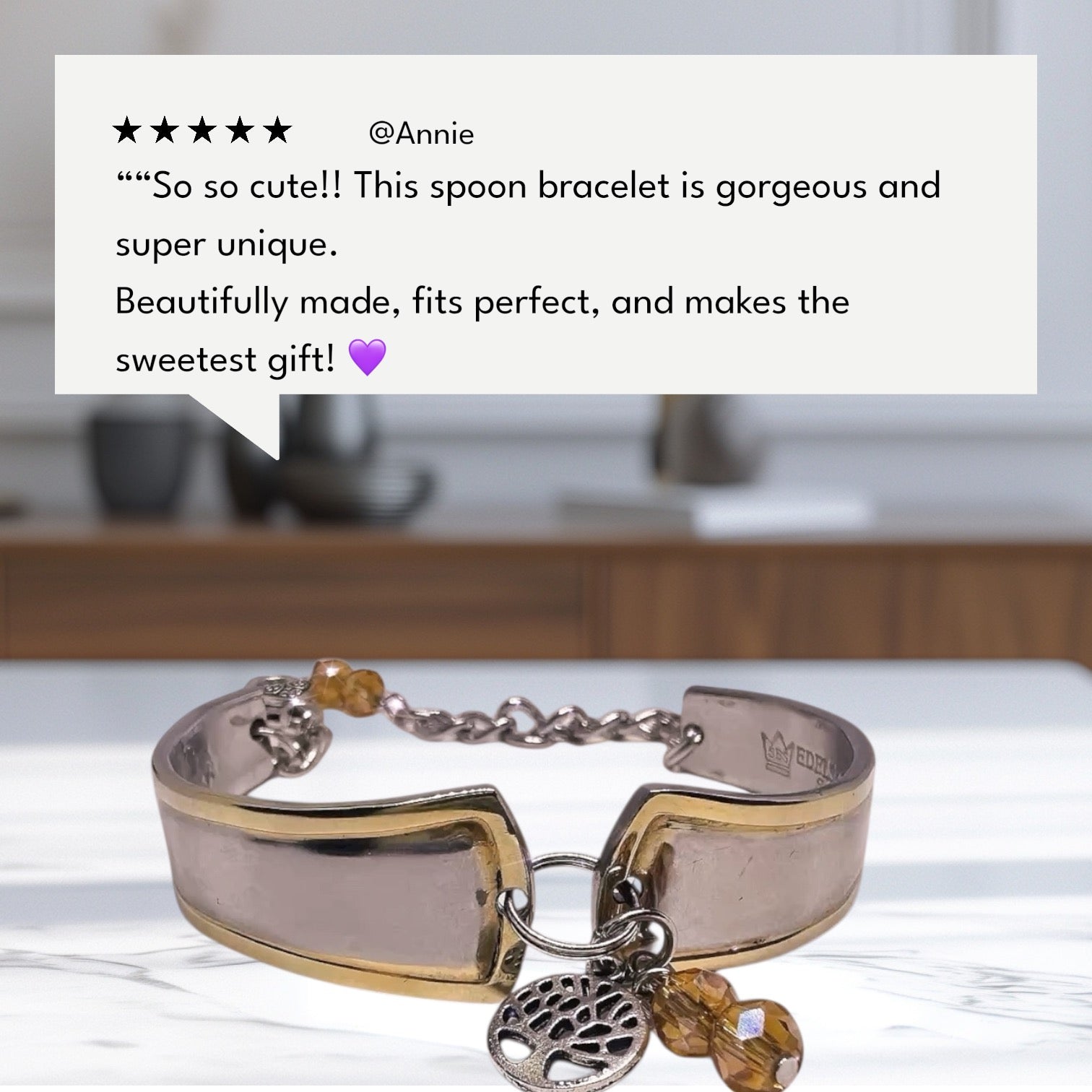 Upcycled Goldspoon & Crystal Bead Bracelet with tree charm and sterling silver clasp, showcasing a unique gold spoon bracelet design.