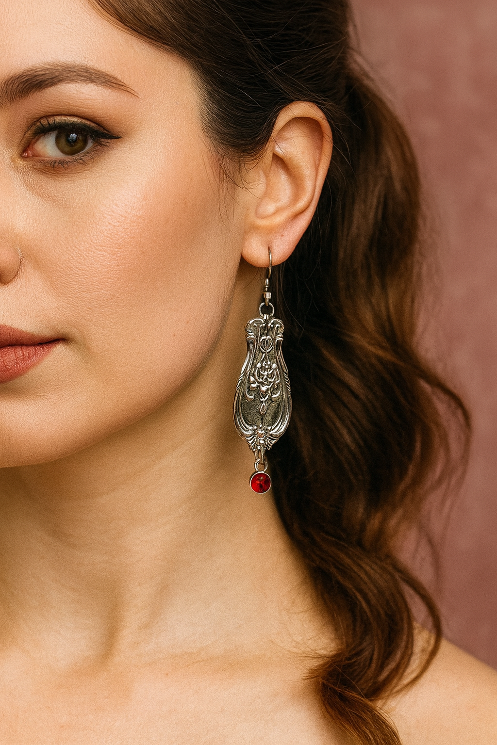 Vintage Spoon Handle Earrings with Red Crystal Dangle | Upcycled Silverware Jewelry with Rose Design