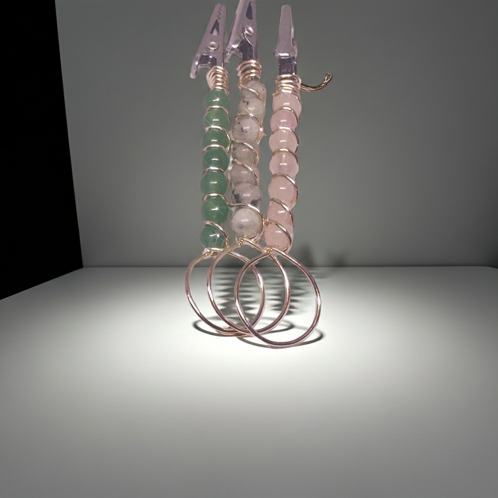 Genuine Gemstone Beaded ATM card clip bracelet helper, showcasing three stylish wire-wrapped clips with an arrangement of green, pink, and translucent beads, designed for versatility in decoration.