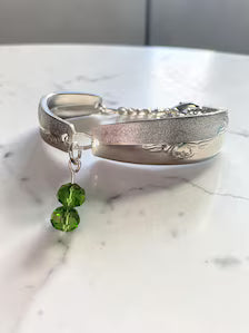 Upcycled Vintage Silverware Bracelet custom, Green Crystal Bead Charm, Engraved Spoon Handle Jewelry, Handmade Stainless steel no tarnish