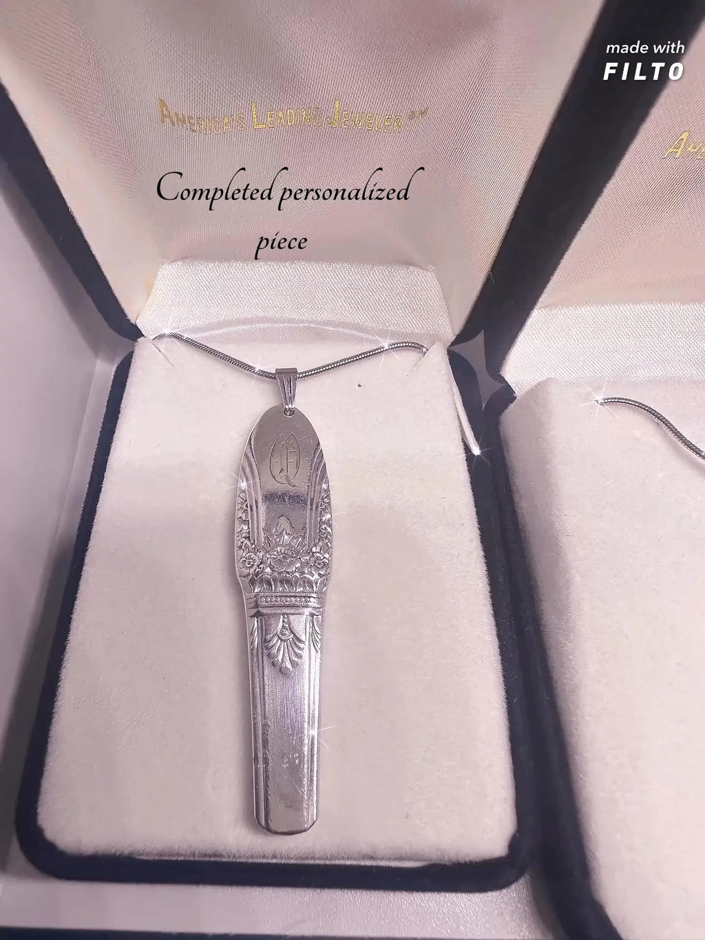 Custom Spoon Jewelry - Completed personalized pendant made from a vintage spoon, displayed in a stylish box.