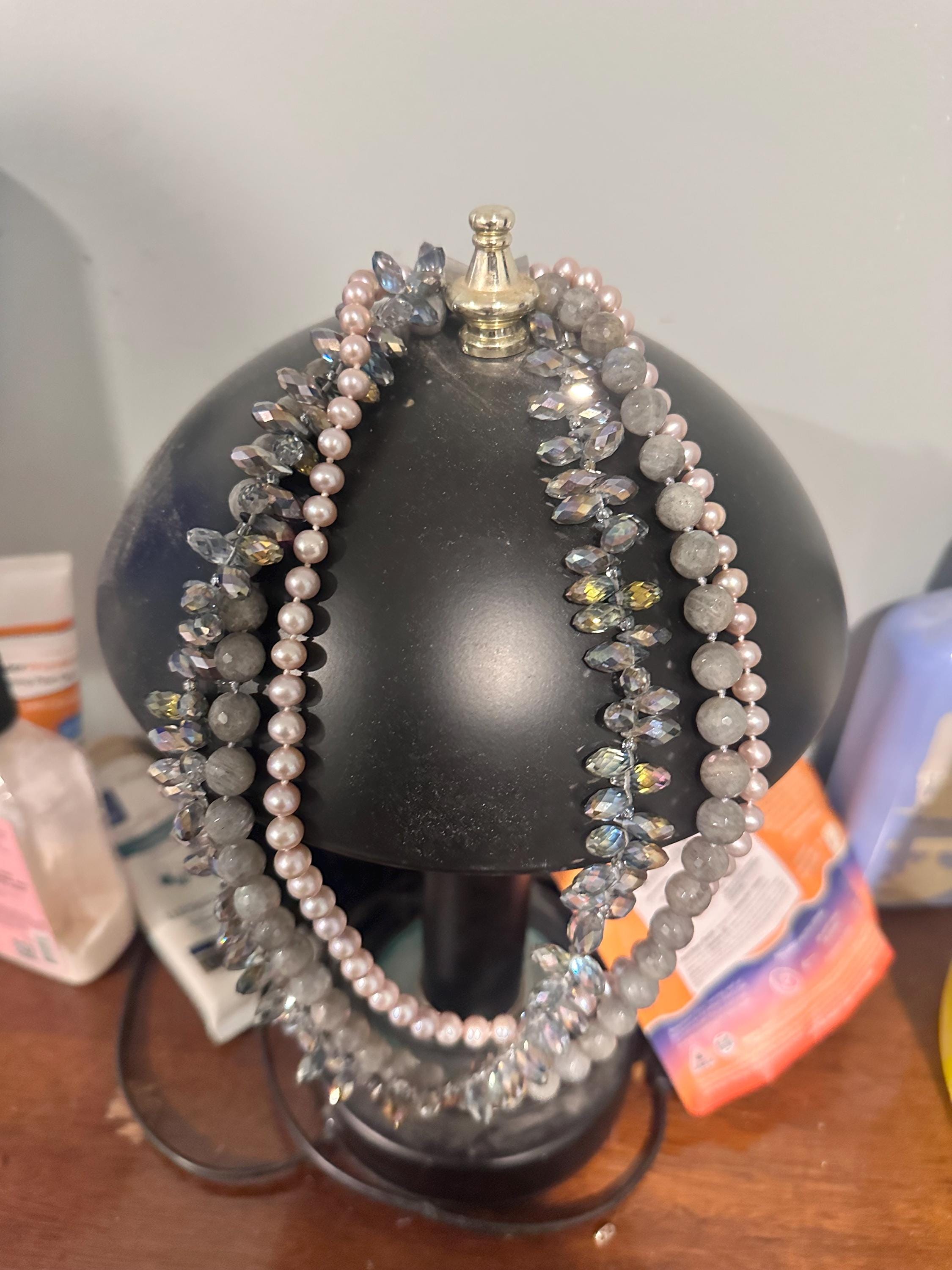 Vintage Multi-Strand Statement Necklace | Labradorite Beads, Pearl Glass & AB Crystals | One-of-a-Kind Layered Necklace