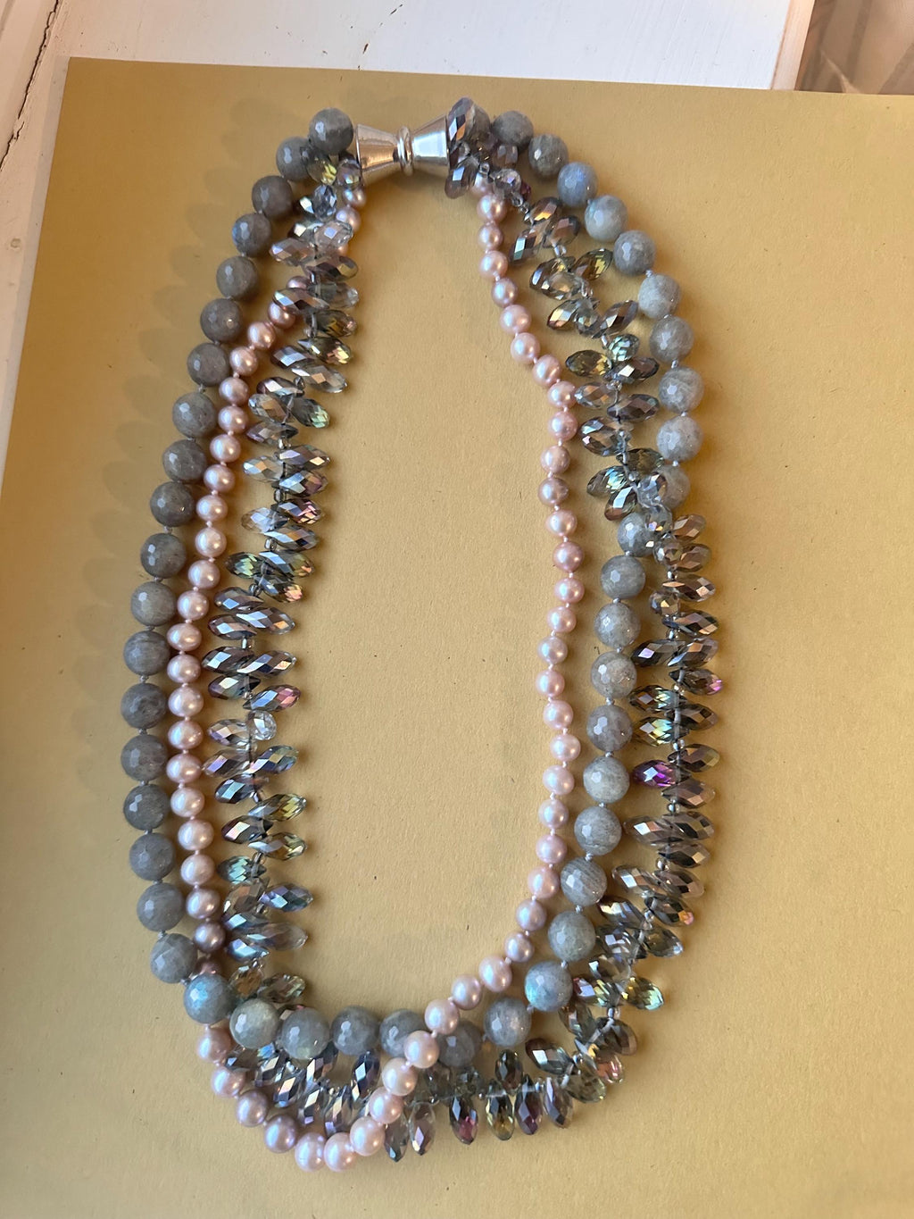 Vintage Multi-Strand Statement Necklace | Labradorite Beads, Pearl Glass & AB Crystals | One-of-a-Kind Layered Necklace
