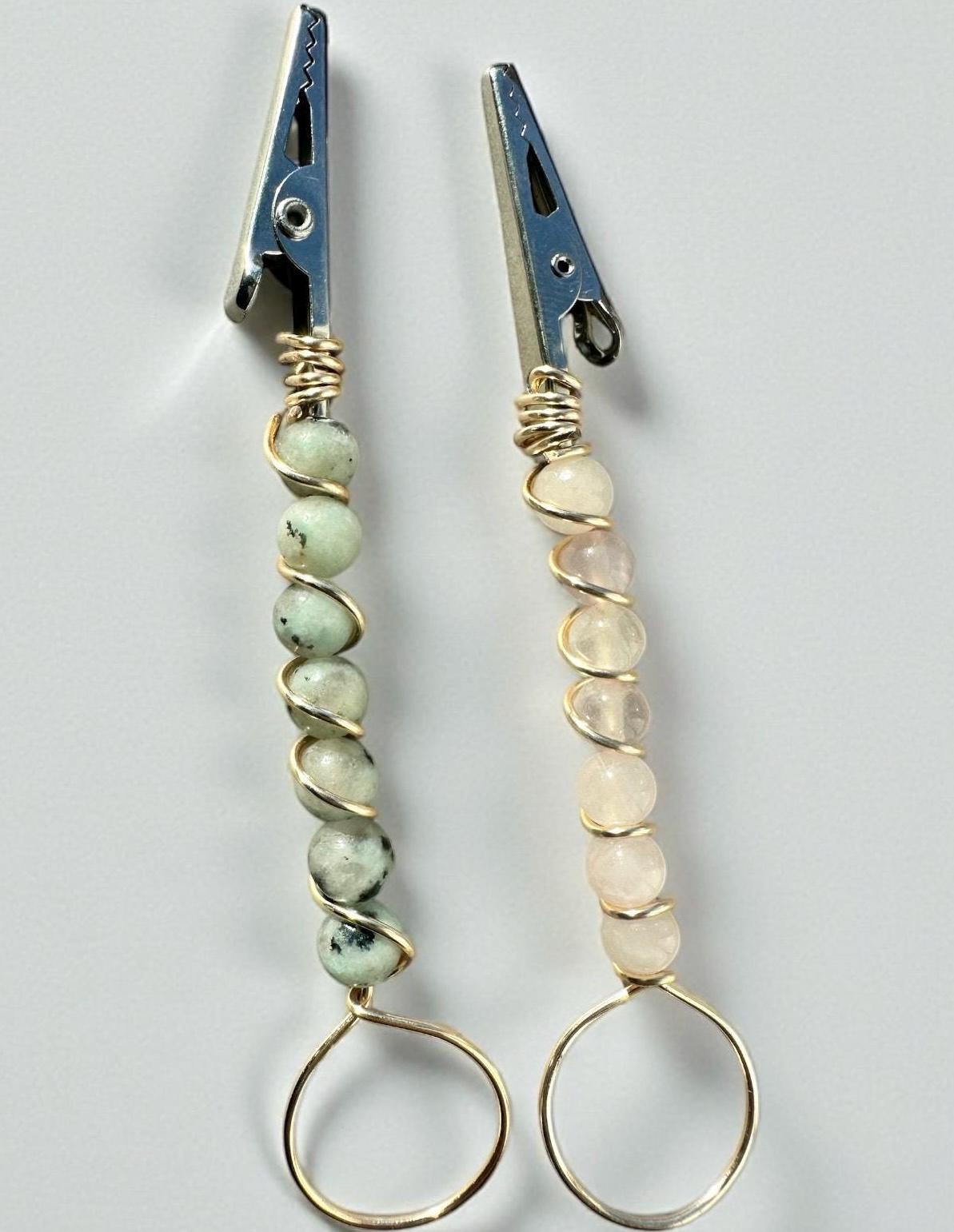 Handmade Rose Quartz ATM Card Clip or kiwi jasper, Long Nail Helper