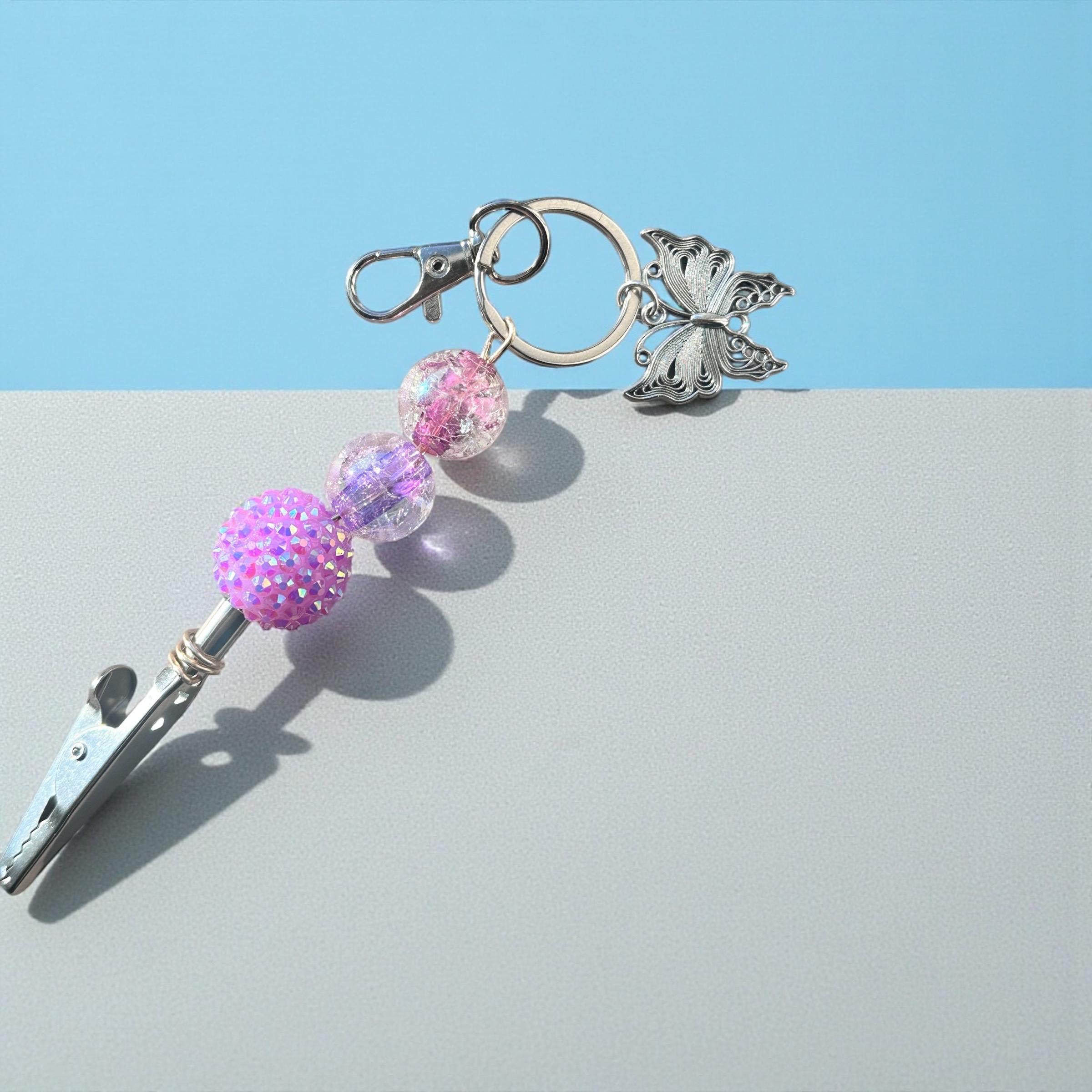 Butterfly Beaded ATM Card Clip • Bracelet Buddy • Long Nail Helper • Pretty Purple & Pink Beads