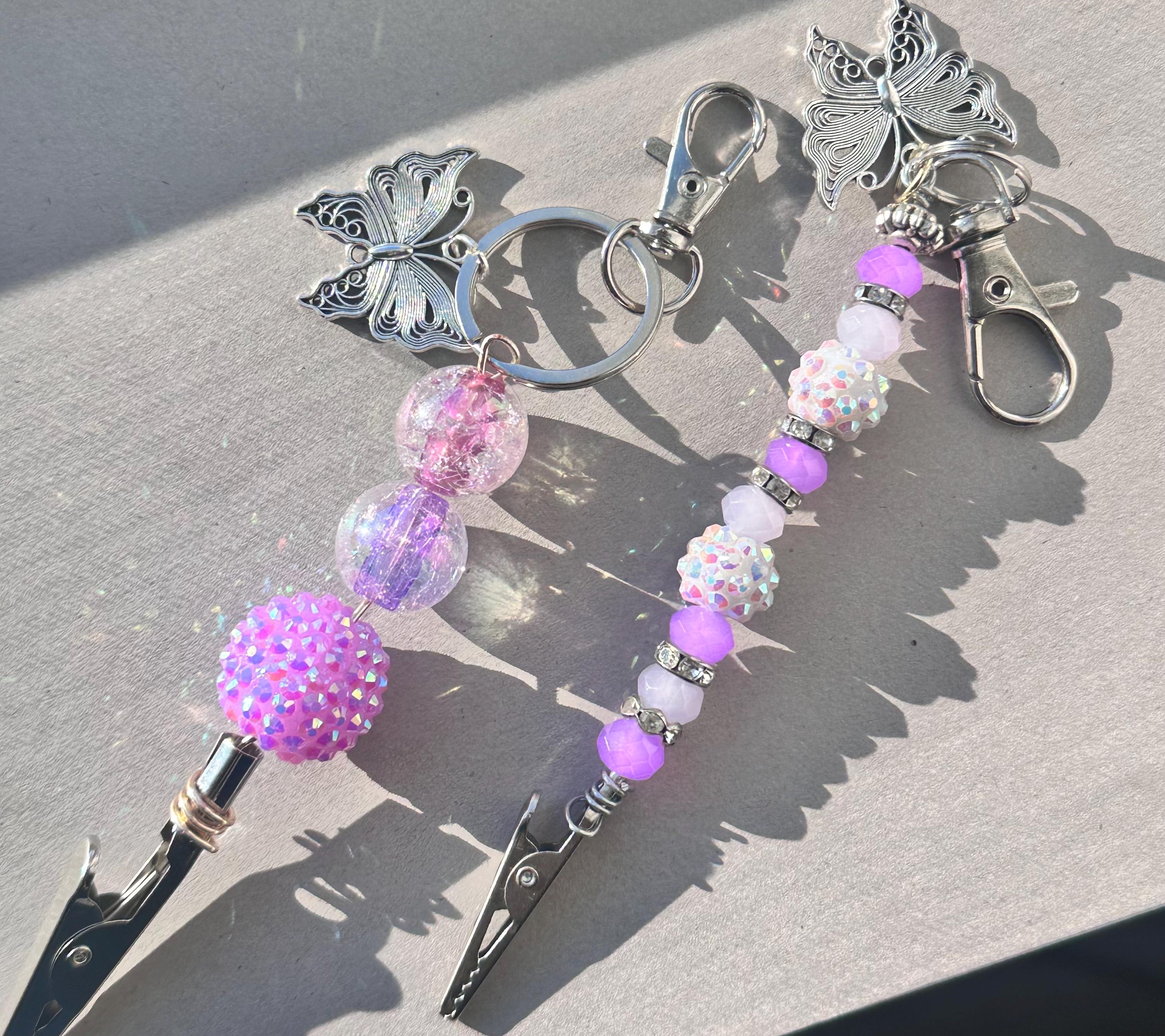 Butterfly Beaded ATM Card Clip • Bracelet Buddy • Long Nail Helper • Pretty Purple & Pink Beads
