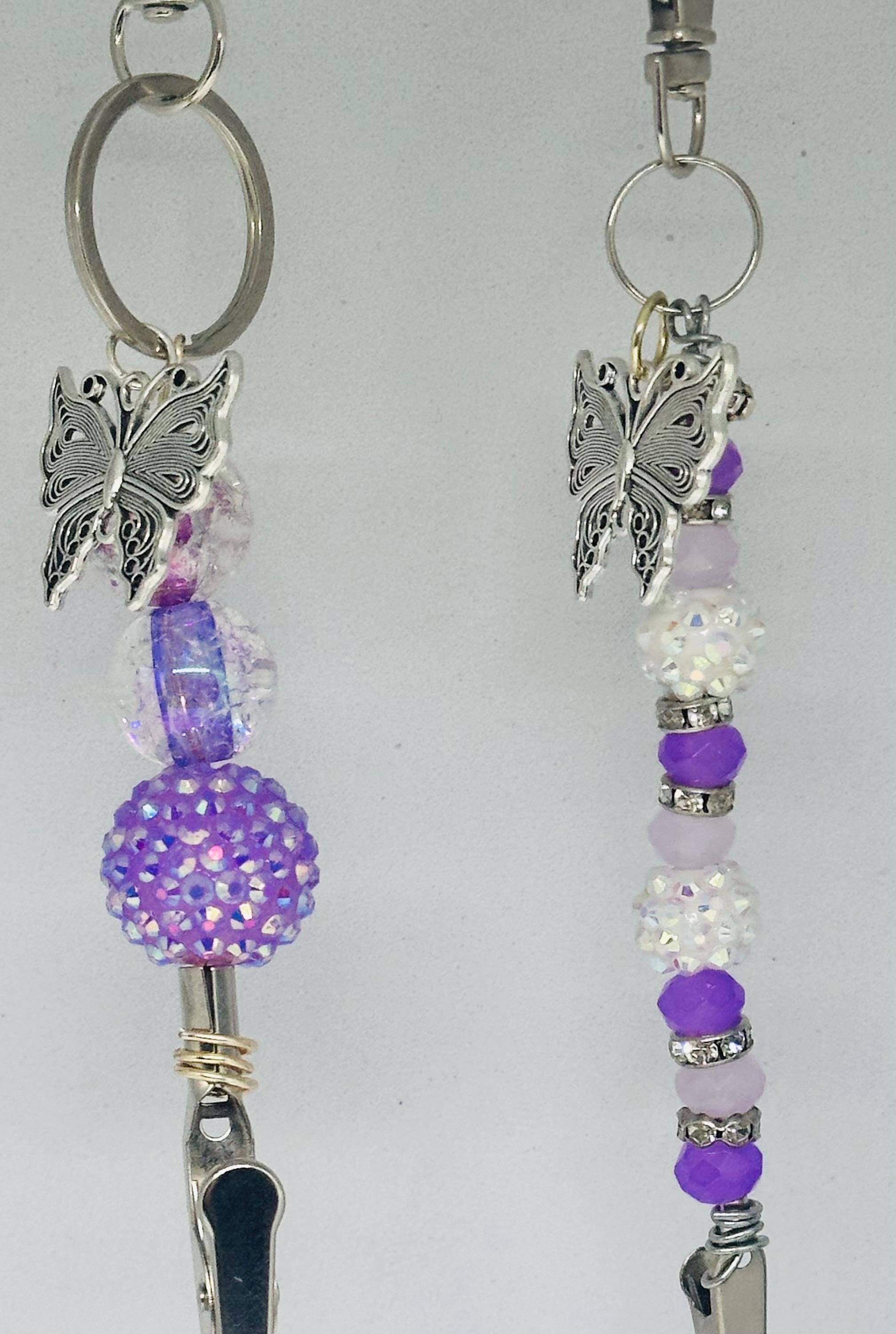 Butterfly Beaded ATM Card Clip • Bracelet Buddy • Long Nail Helper • Pretty Purple & Pink Beads