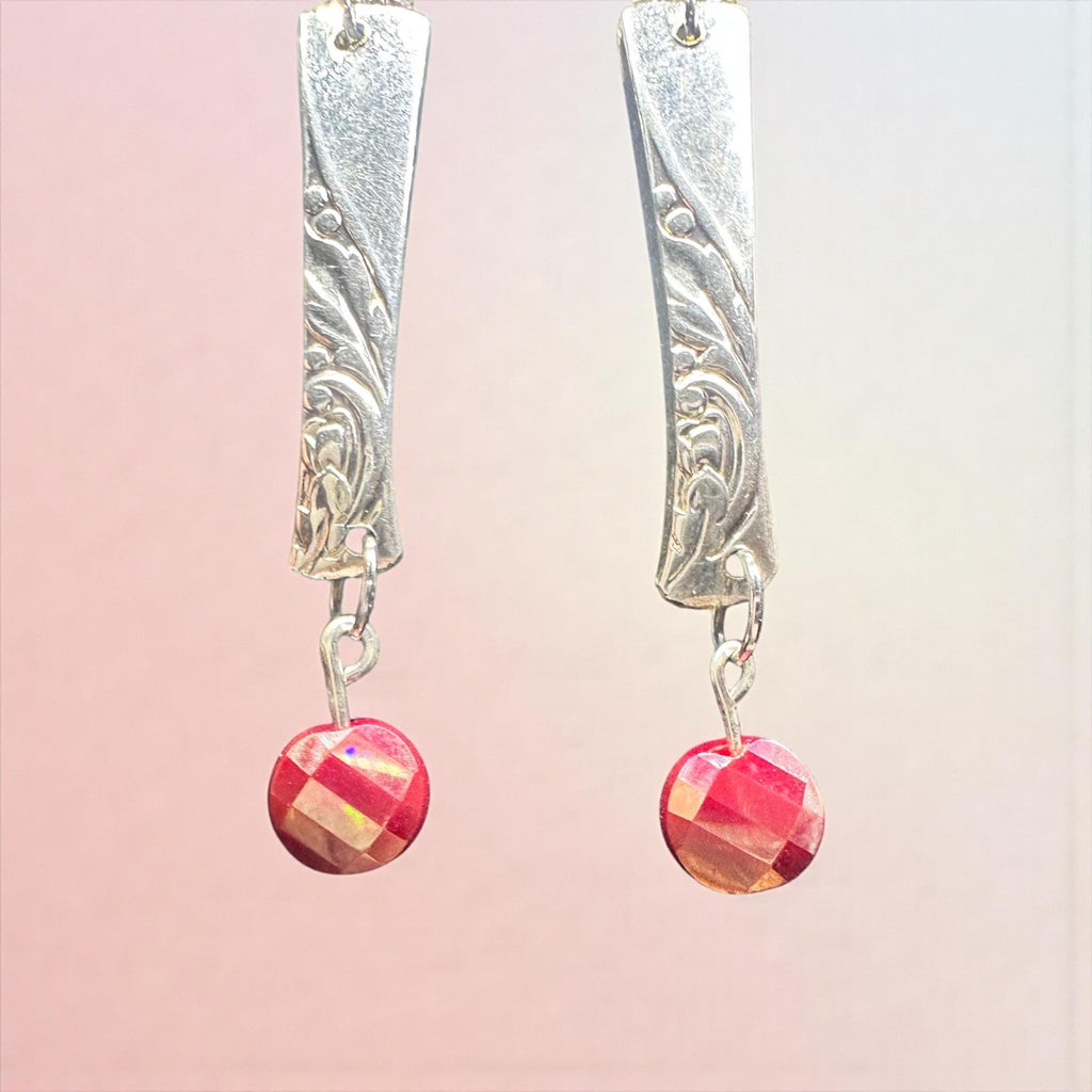 Upcycled Spoon Handle Earrings with Pink Faceted Gemstone Bead | Vintage Silverware Jewelry valentine gift idea