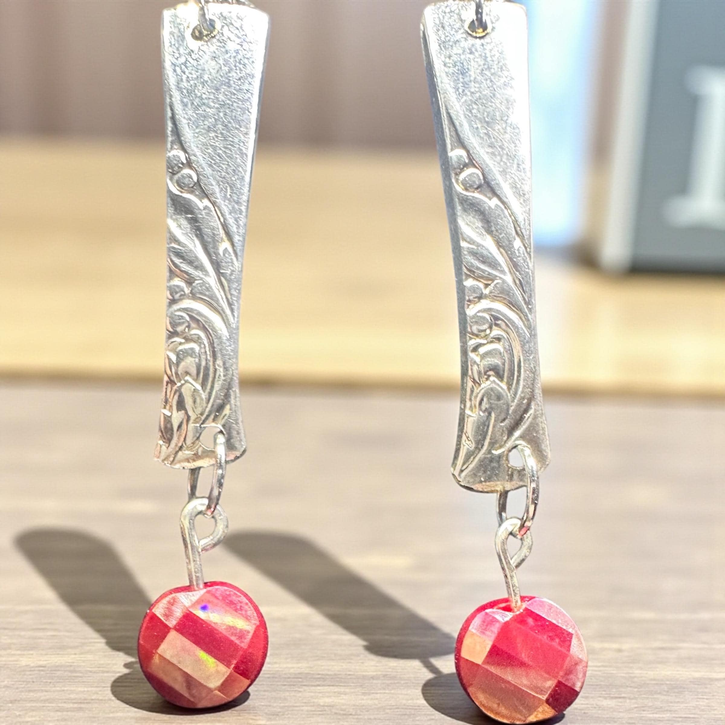 Upcycled Spoon Handle Earrings with Pink Faceted Gemstone Bead | Vintage Silverware Jewelry valentine gift idea