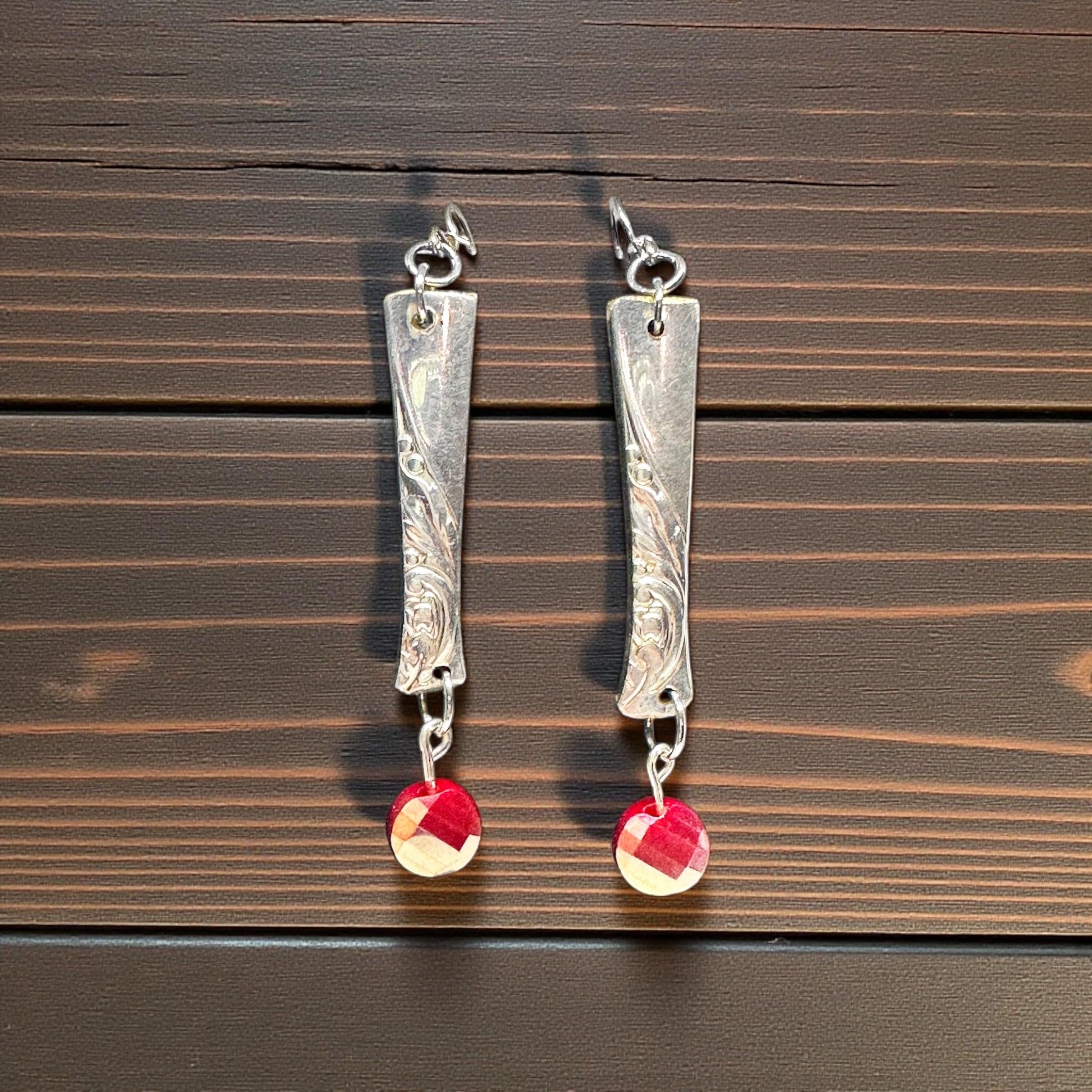 Upcycled Spoon Handle Earrings with Pink Faceted Gemstone Bead | Vintage Silverware Jewelry valentine gift idea