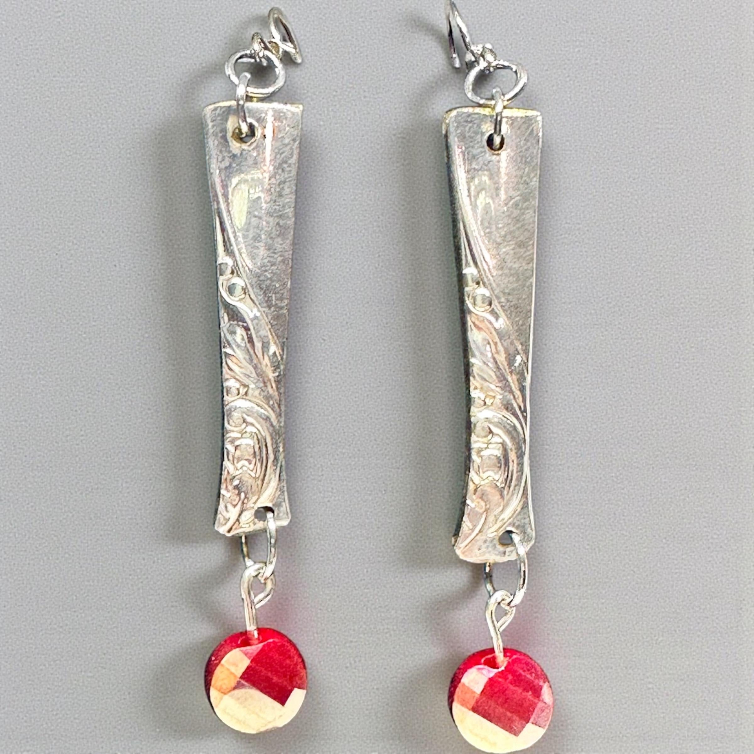 Upcycled Spoon Handle Earrings with Pink Faceted Gemstone Bead | Vintage Silverware Jewelry valentine gift idea