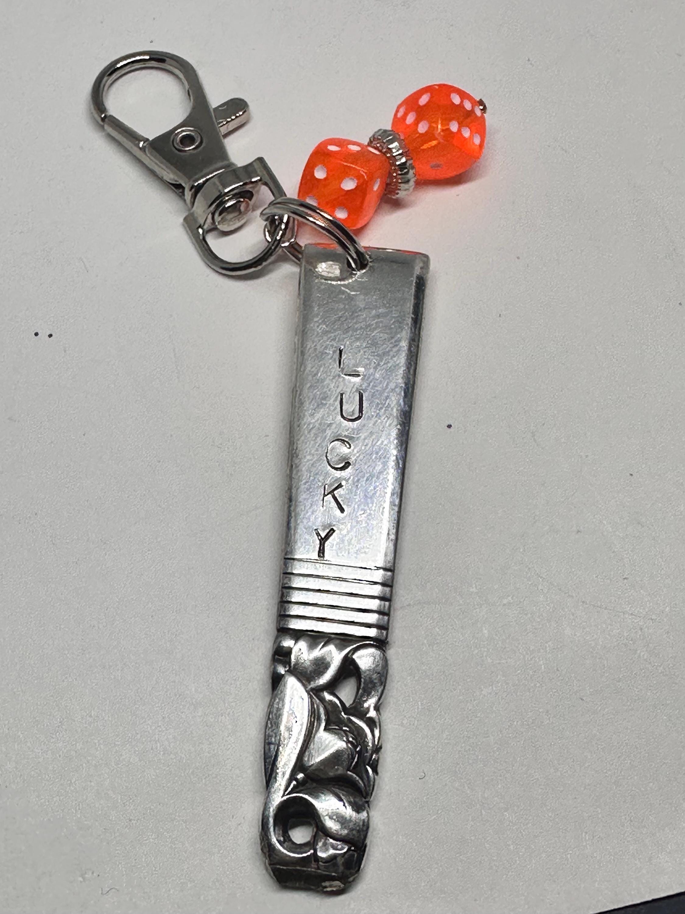 Lucky Scratch Card Scratcher – Upcycled Spoon Handle Keychain . Hand stamped LUCKY