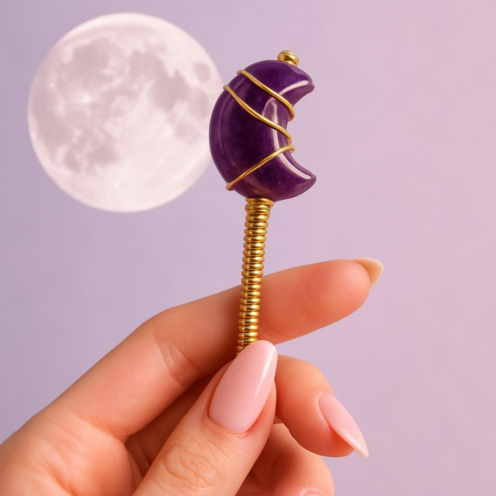 Amethyst Crescent Moon Card Grabber – Handmade Crystal Clip for Long Nails