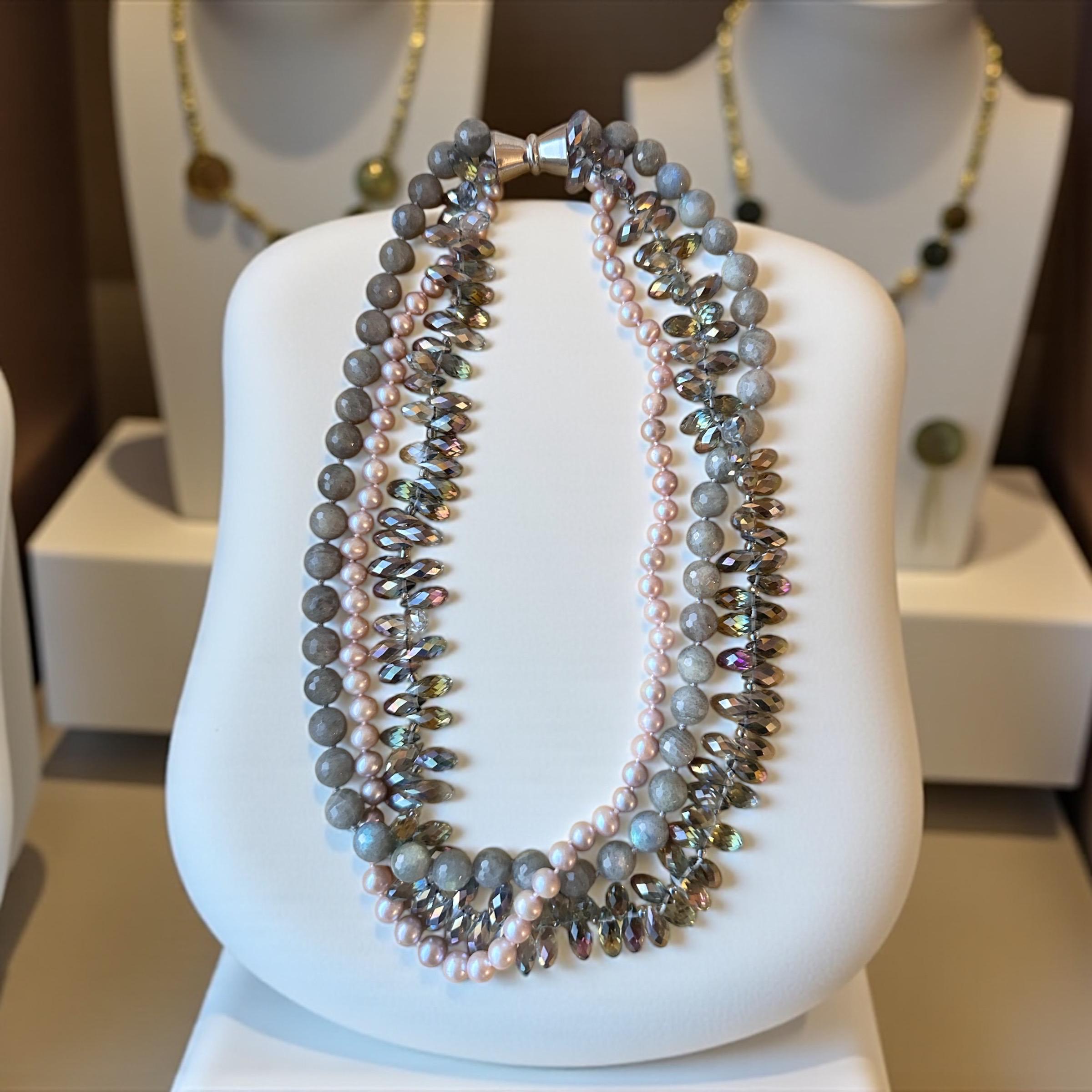 Vintage Multi-Strand Statement Necklace | Labradorite Beads, Pearl Glass & AB Crystals | One-of-a-Kind Layered Necklace