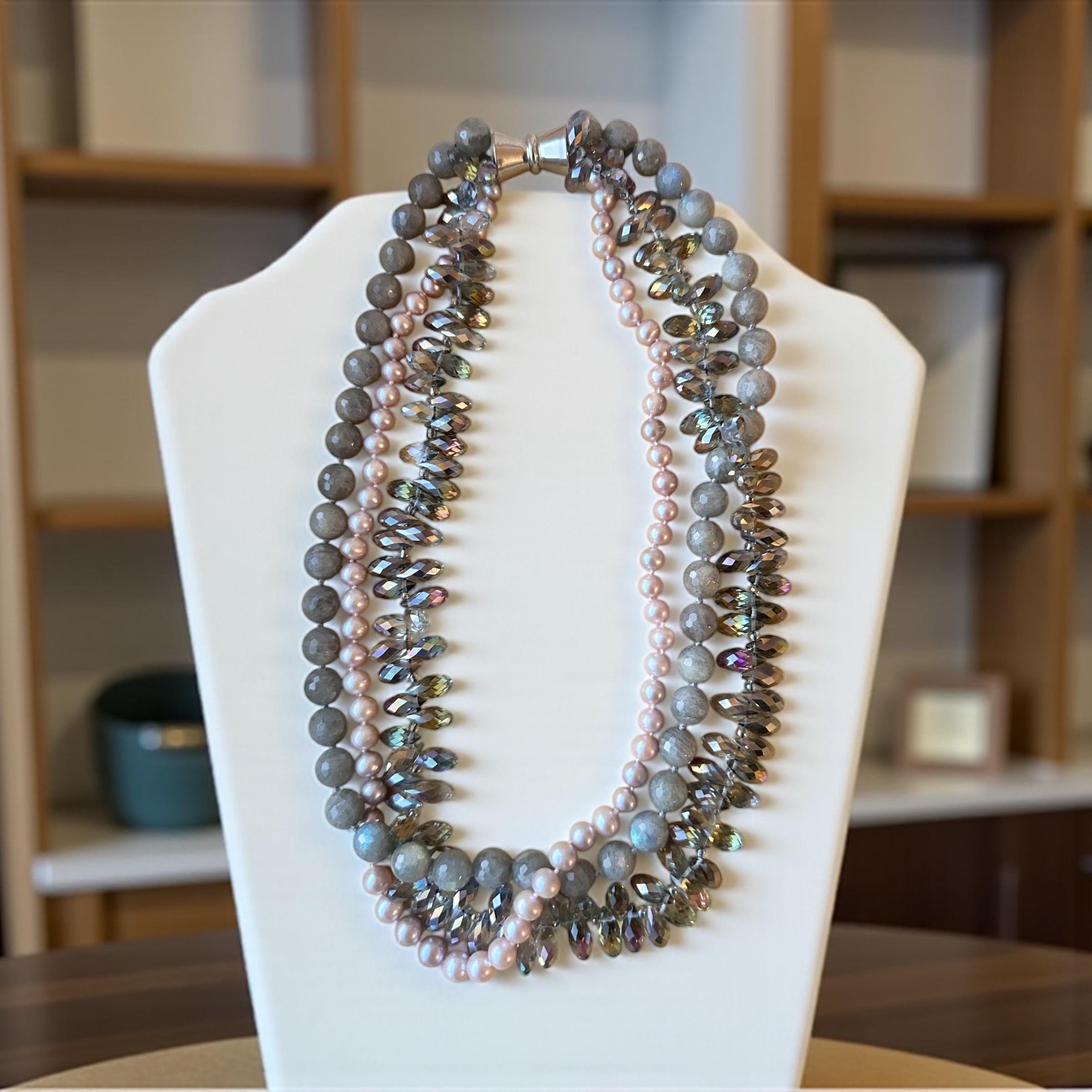 Vintage Multi-Strand Statement Necklace | Labradorite Beads, Pearl Glass & AB Crystals | One-of-a-Kind Layered Necklace