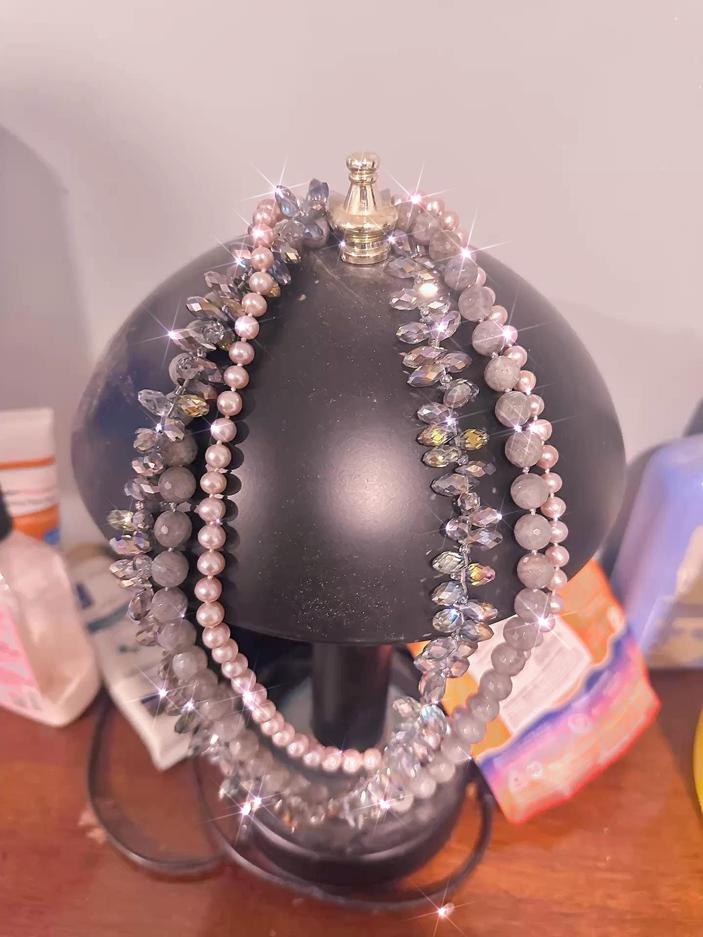 Vintage Multi-Strand Statement Necklace | Labradorite Beads, Pearl Glass & AB Crystals | One-of-a-Kind Layered Necklace