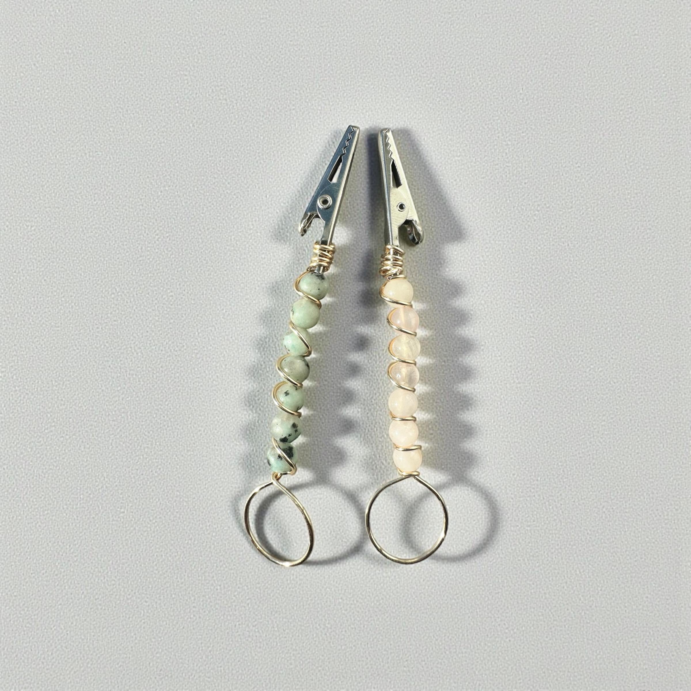 Handmade Rose Quartz ATM Card Clip or kiwi jasper, Long Nail Helper