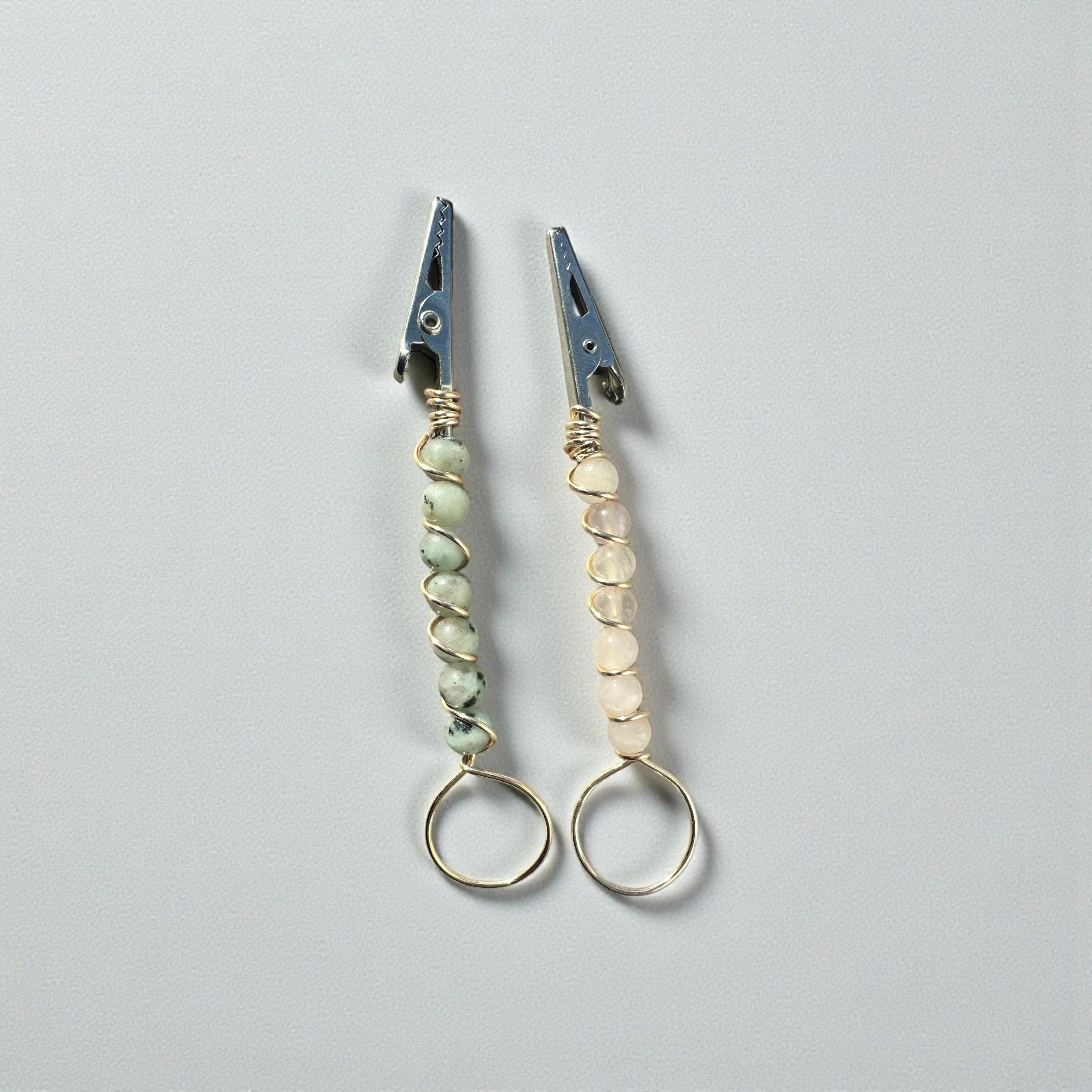 Handmade Rose Quartz ATM Card Clip or kiwi jasper, Long Nail Helper