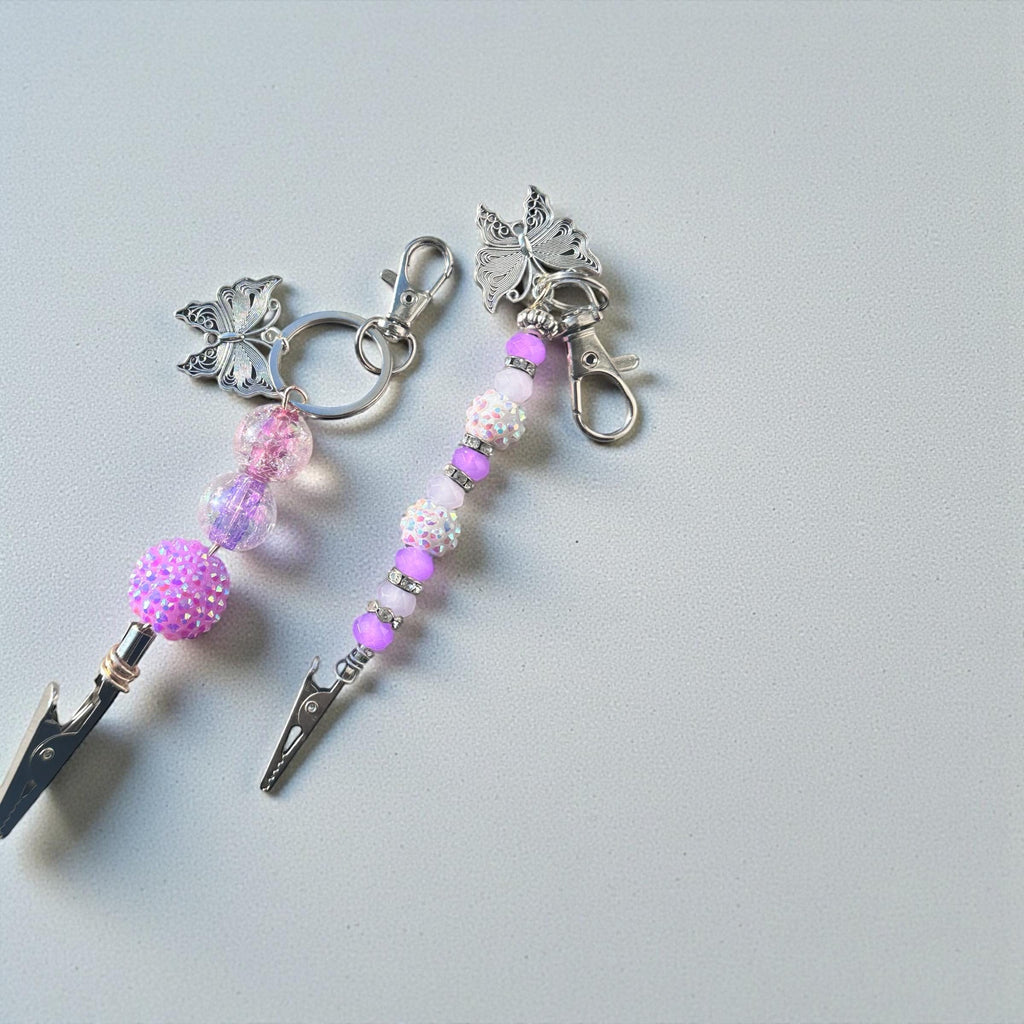 Butterfly Beaded ATM Card Clip • Bracelet Buddy • Long Nail Helper • Pretty Purple & Pink Beads