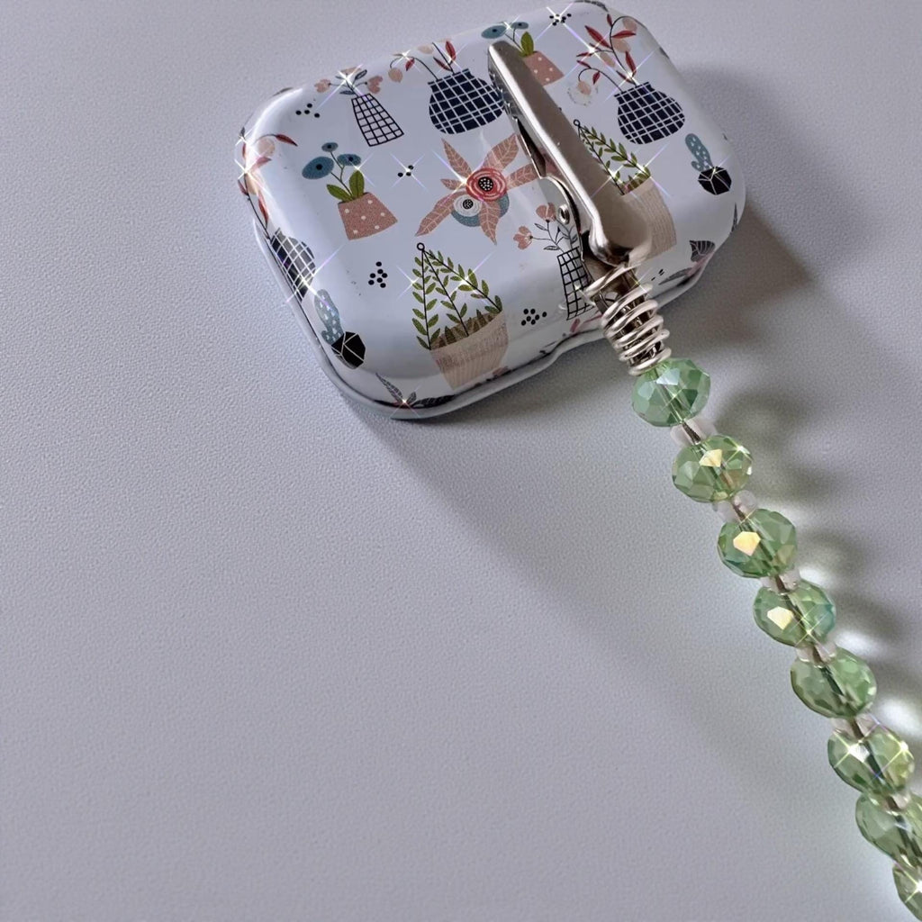 Ocean Green Crystal ATM Card Clip – Long Nail Helper with Matching Storage Tin – Beaded Alligator Grabber