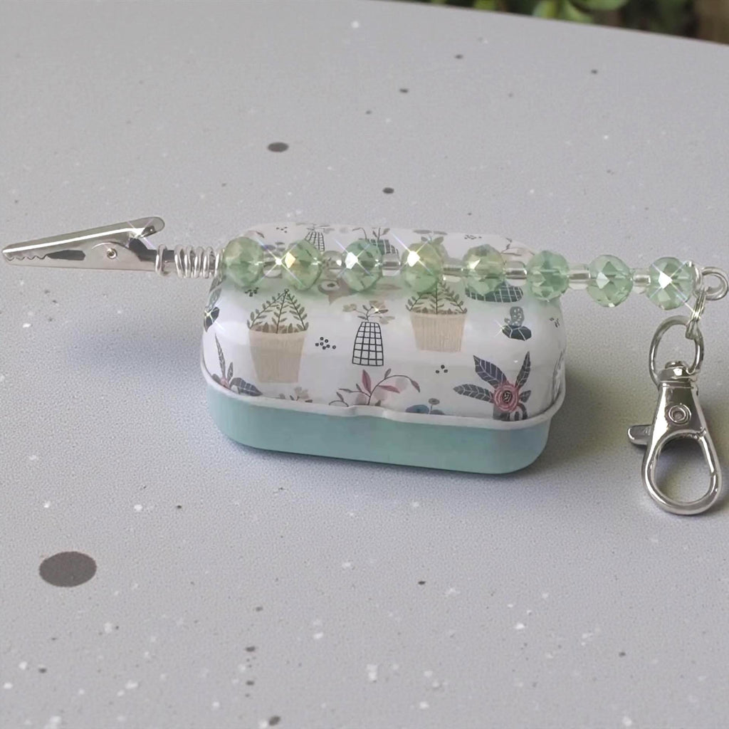 Ocean Green Crystal ATM Card Clip – Long Nail Helper with Matching Storage Tin – Beaded Alligator Grabber