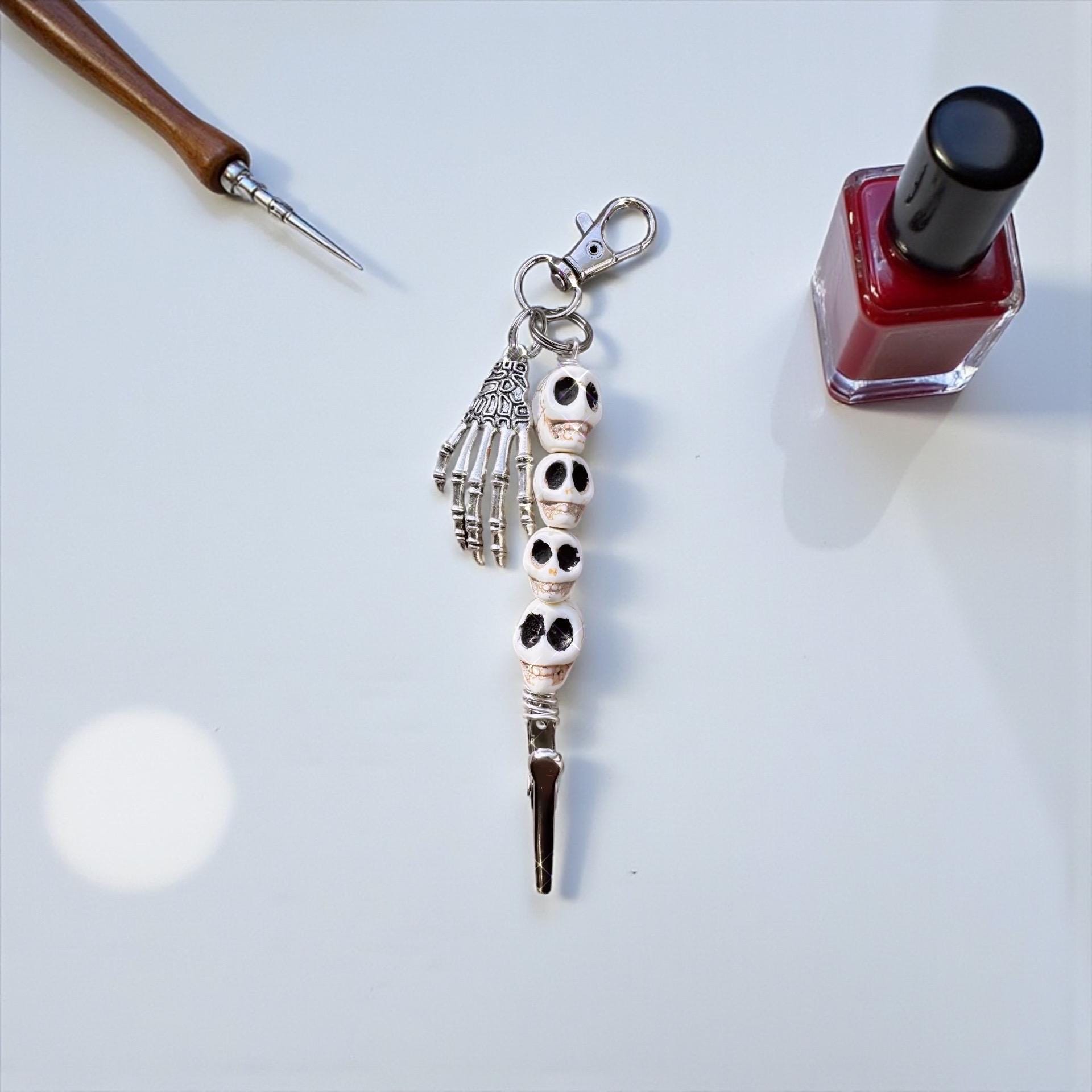 Skull ATM Card Clip • Skeleton Hand Charm • Long Nail Helper • Spooky Beaded Bracelet Buddy