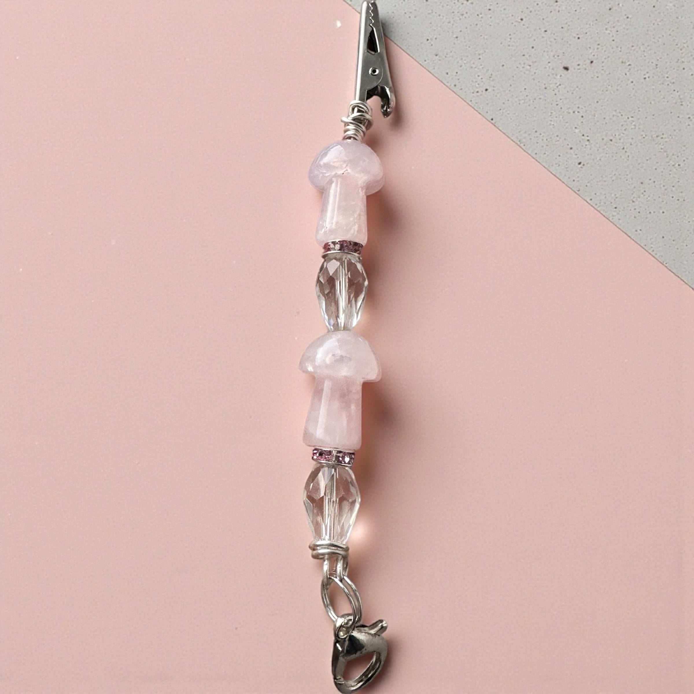 Rose Quartz Mushroom ATM Card Clip – Long Nail Helper – Crystal Beaded Bracelet Assistant