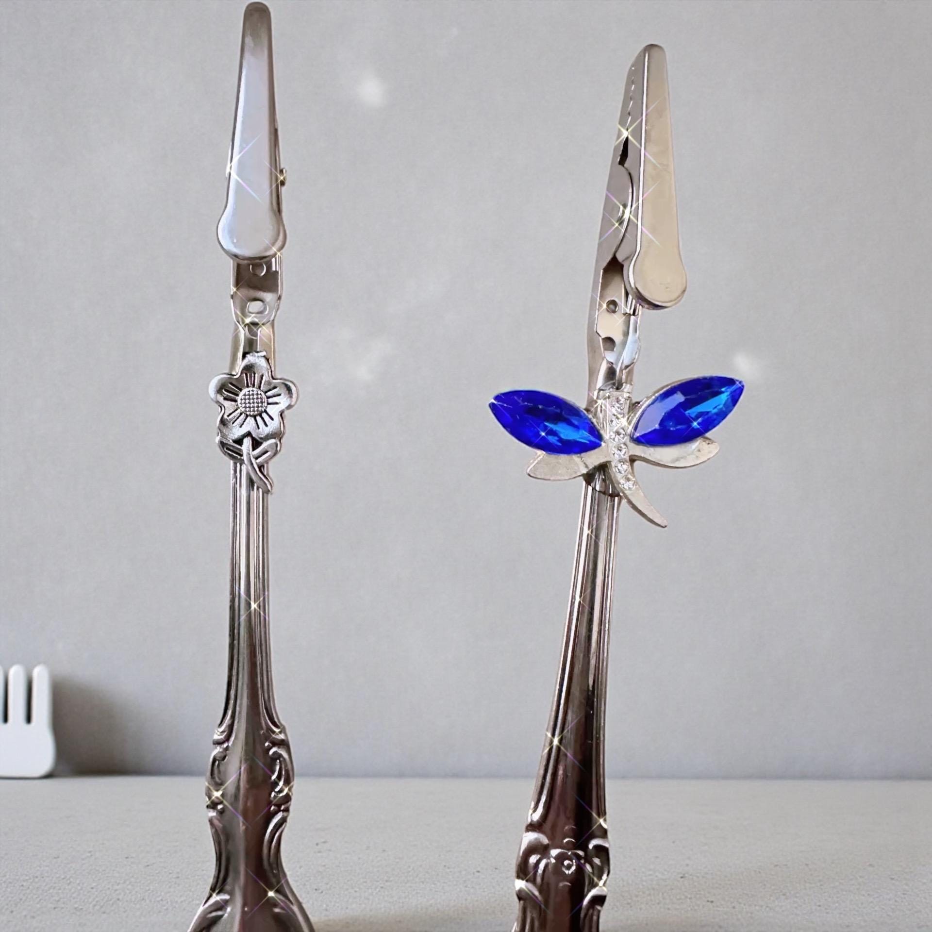 Vintage Spoon Rose or Crystal Dragonfly ATM Card Clip – Handmade Bracelet Helper Keychain