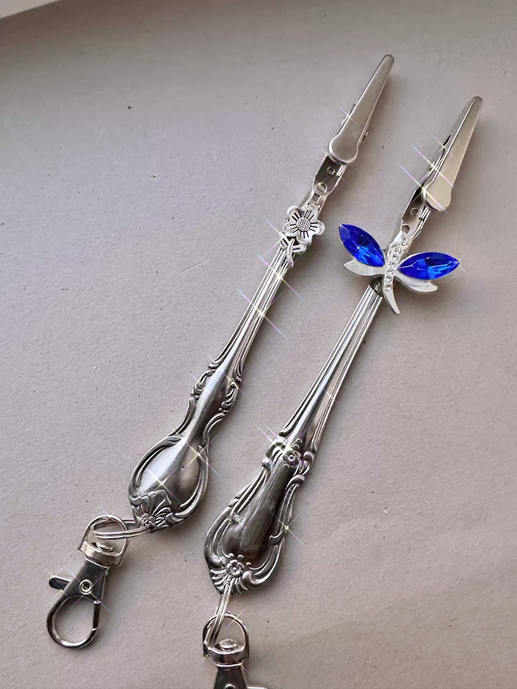 Vintage Spoon Rose or Crystal Dragonfly ATM Card Clip – Handmade Bracelet Helper Keychain