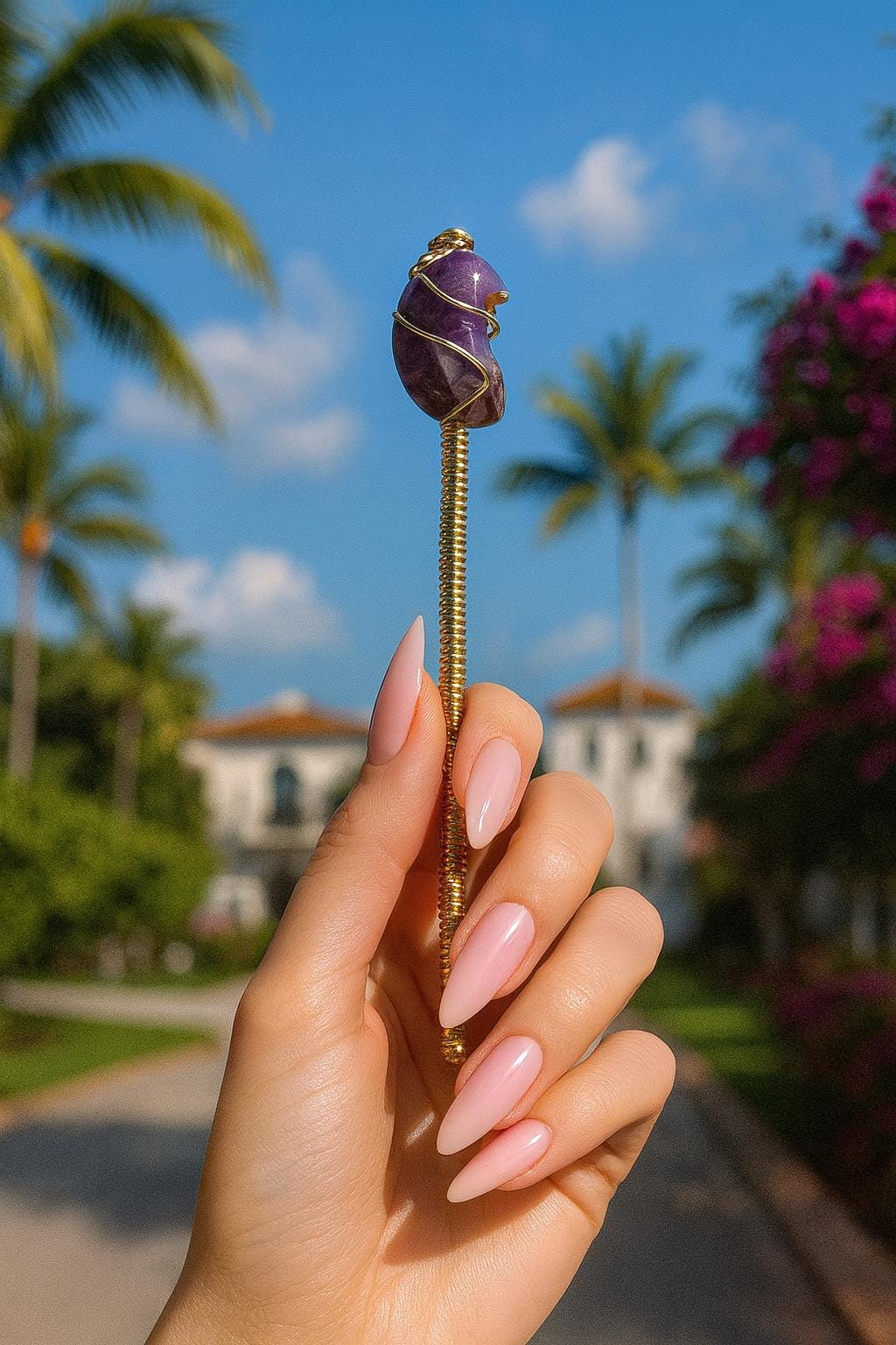 Amethyst Crescent Moon Card Grabber – Handmade Crystal Clip for Long Nails