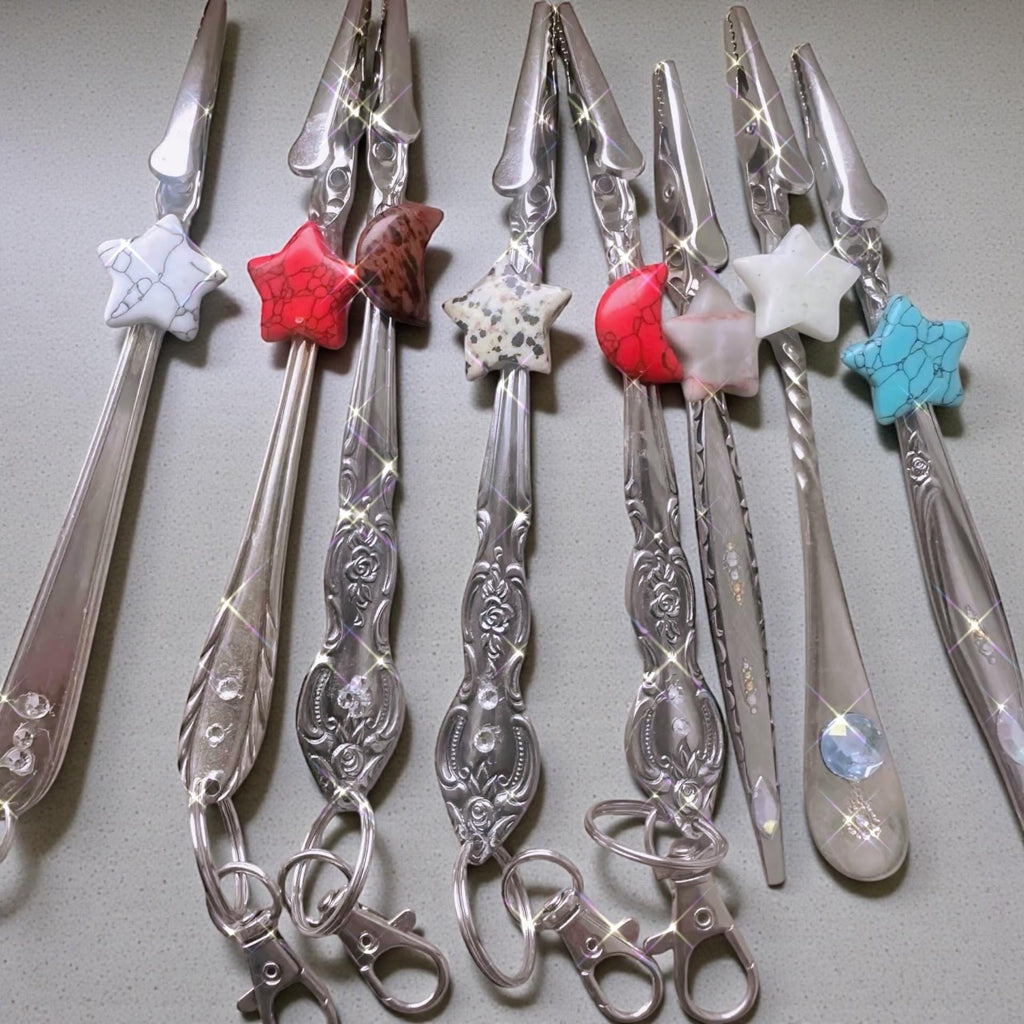 Upcycled Spoon Handle Card Clip – Gemstone Star & Moon Long Nail Helper