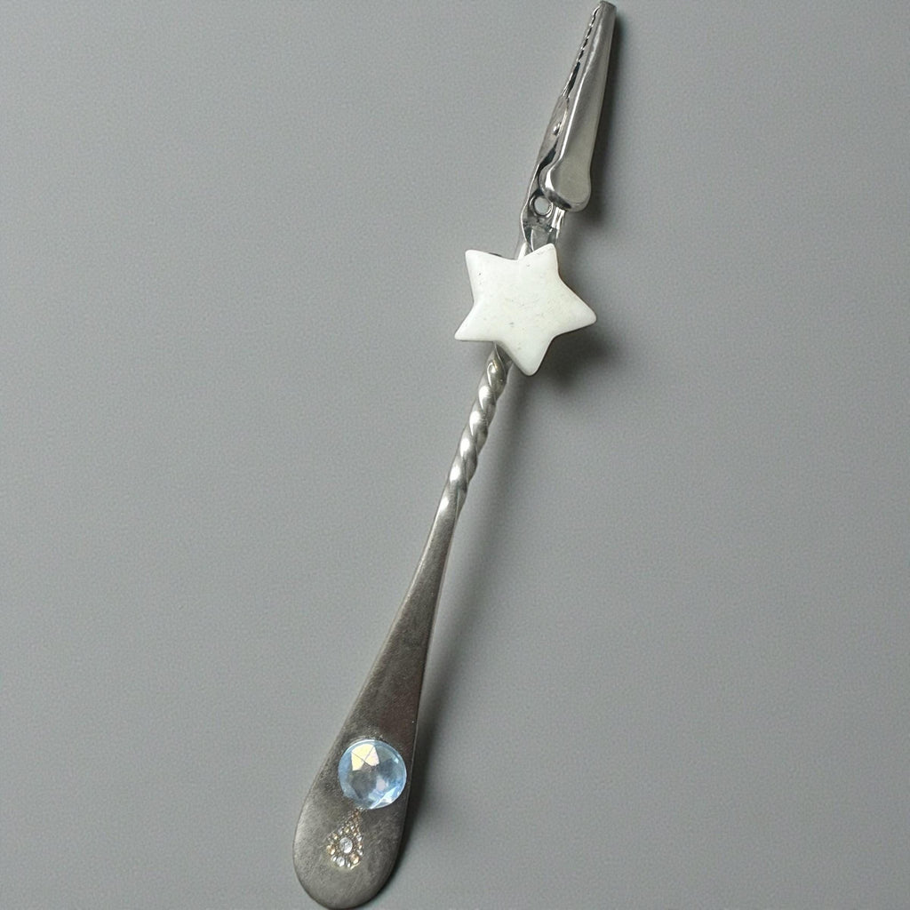 Upcycled Spoon Handle Card Clip – Gemstone Star & Moon Long Nail Helper