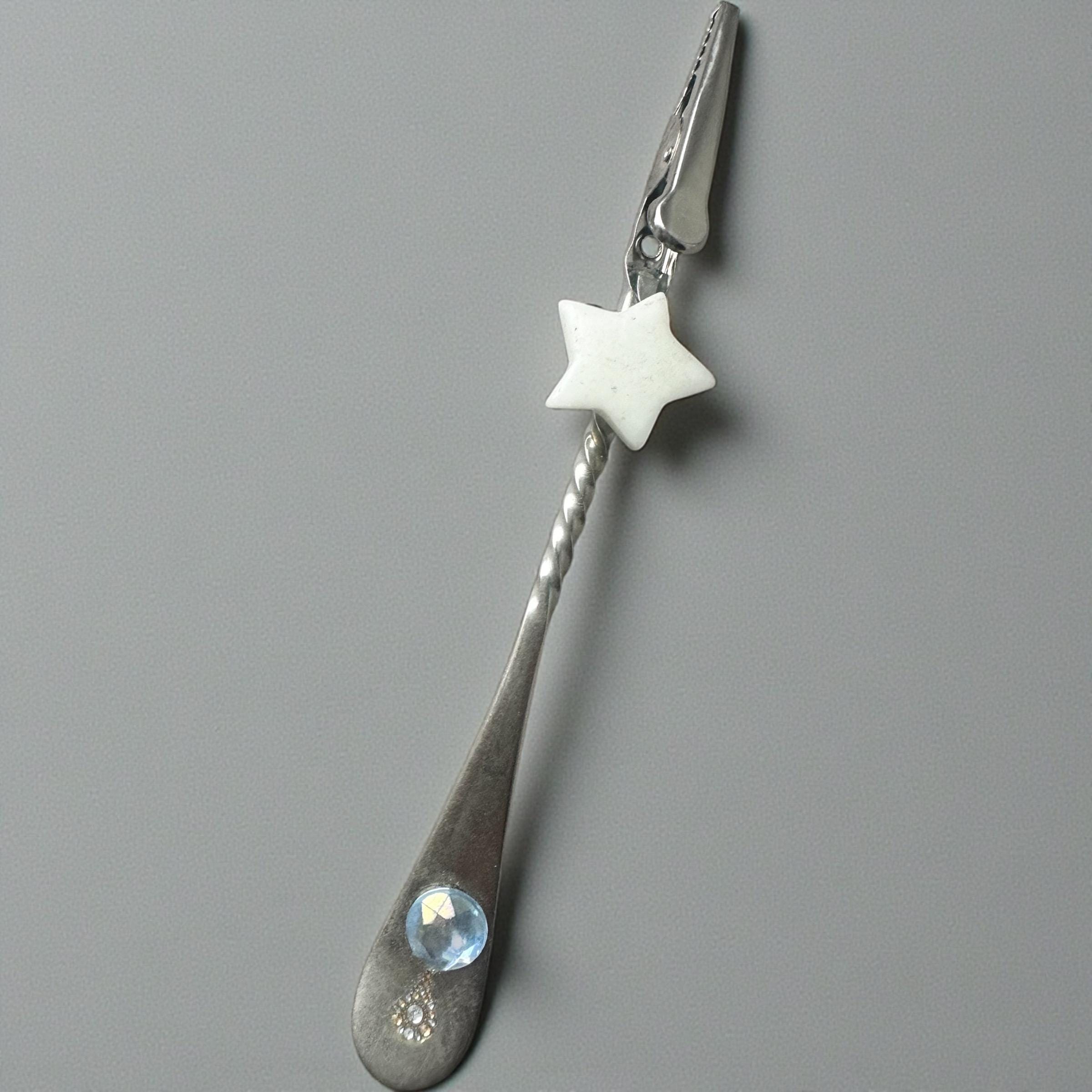 Upcycled Spoon Handle Card Clip – Gemstone Star & Moon Long Nail Helper