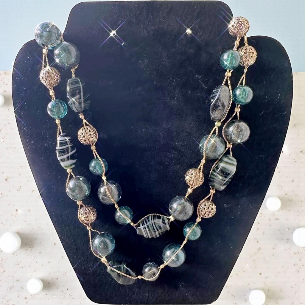 Vintage Liz Claiborne Teal Glass Bead Necklace • Double Strand LC Jewelry