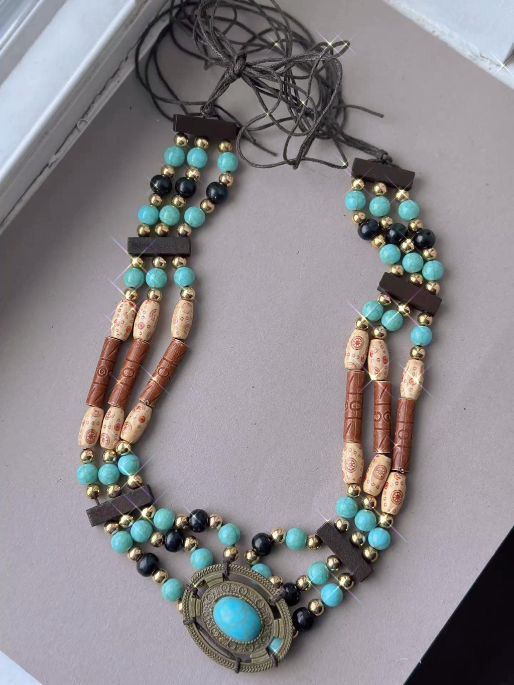 Boho Turquoise Medallion Necklace • Tribal Beaded Statement Jewelry