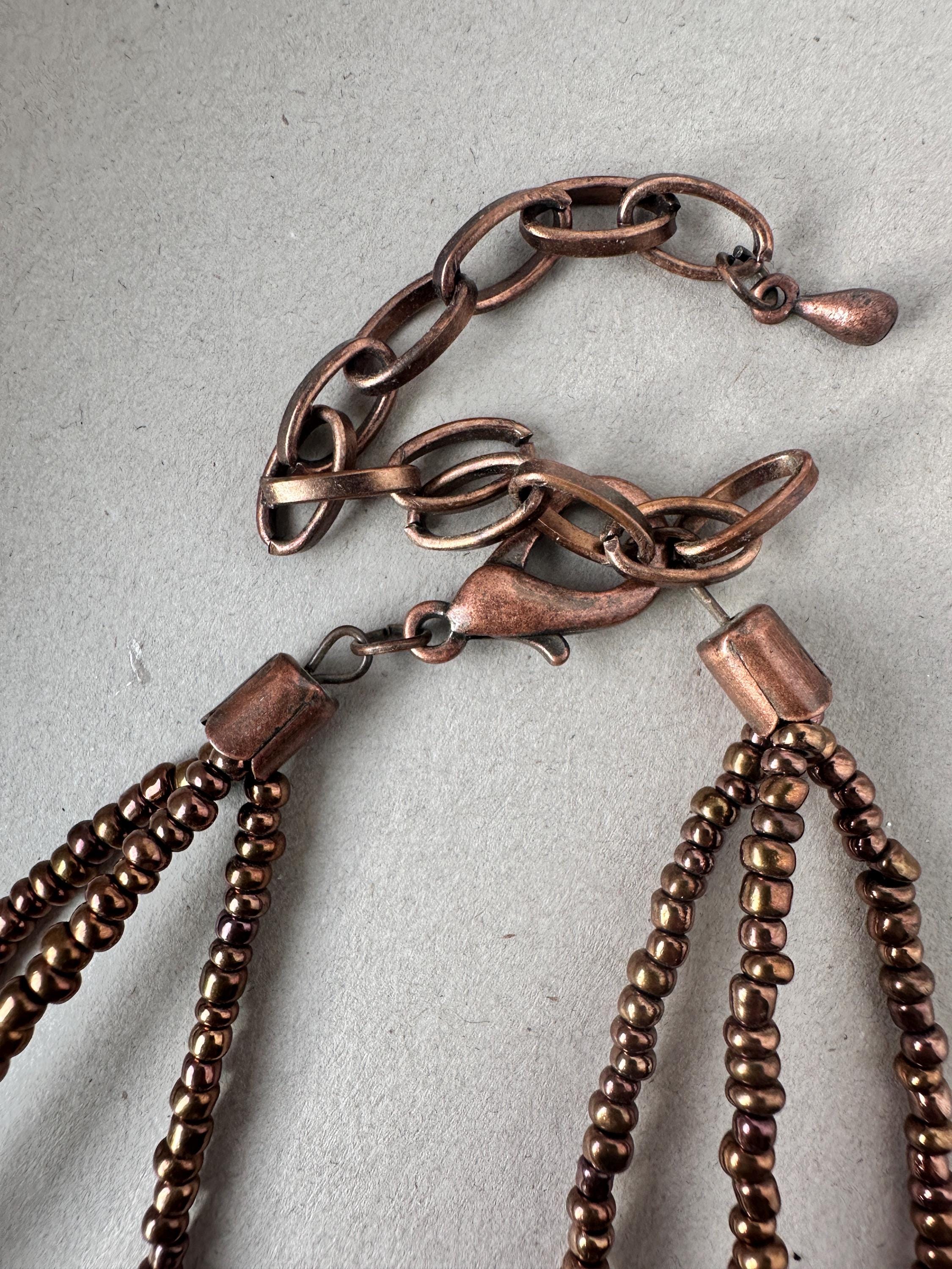 Copper Amber Beaded Statement Necklace, Boho Multi Strand Jewelry