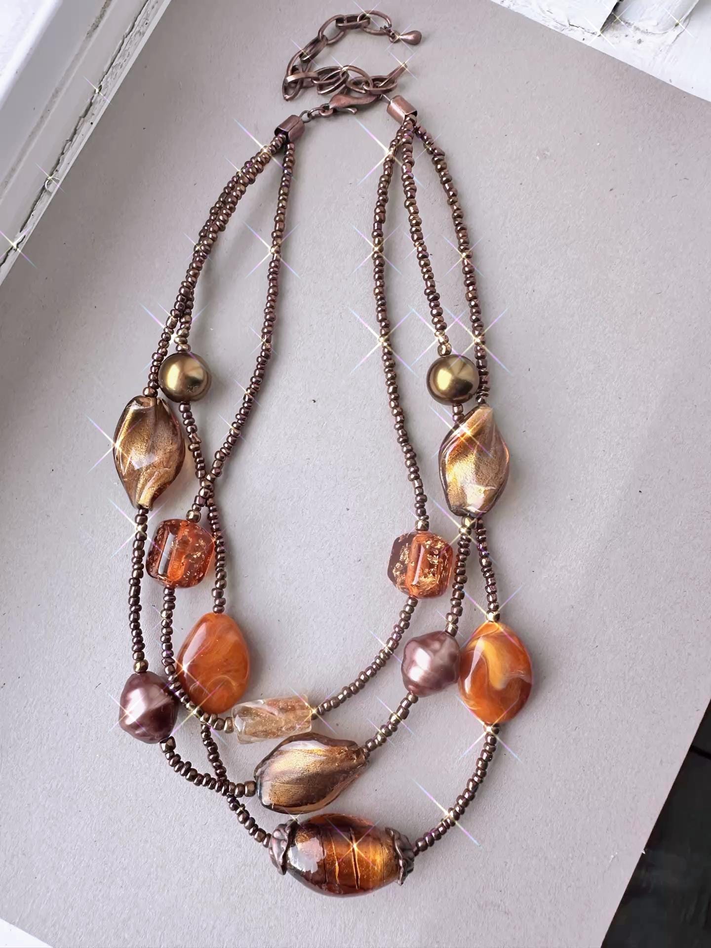 Copper Amber Beaded Statement Necklace, Boho Multi Strand Jewelry