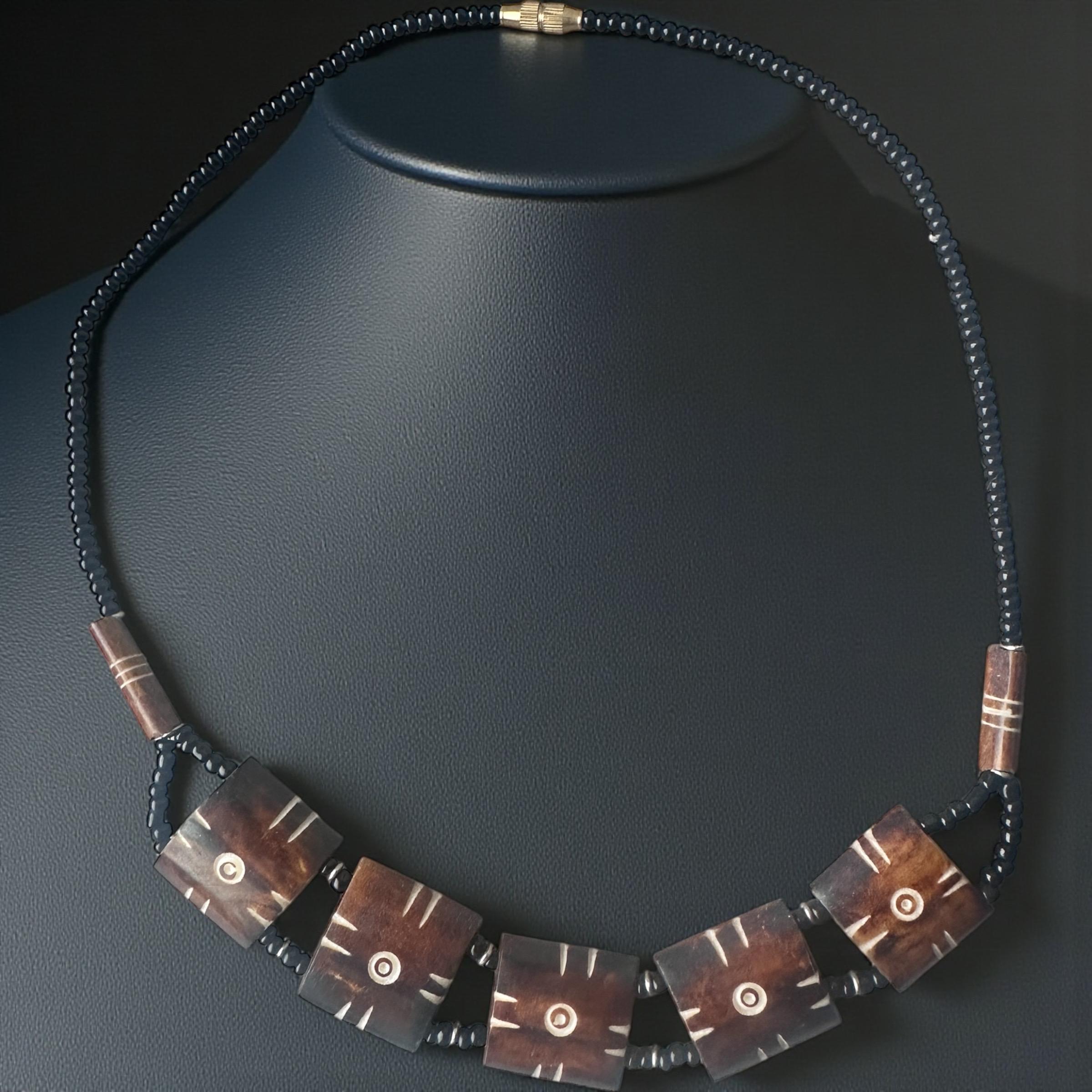Carved Bone Sunburst Necklace • Boho Tribal Pendant, Black Seed Beads