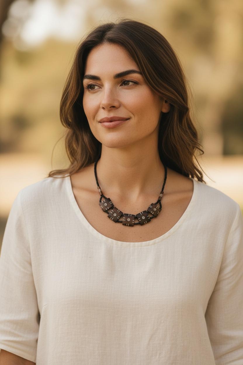 Carved Bone Sunburst Necklace • Boho Tribal Pendant, Black Seed Beads