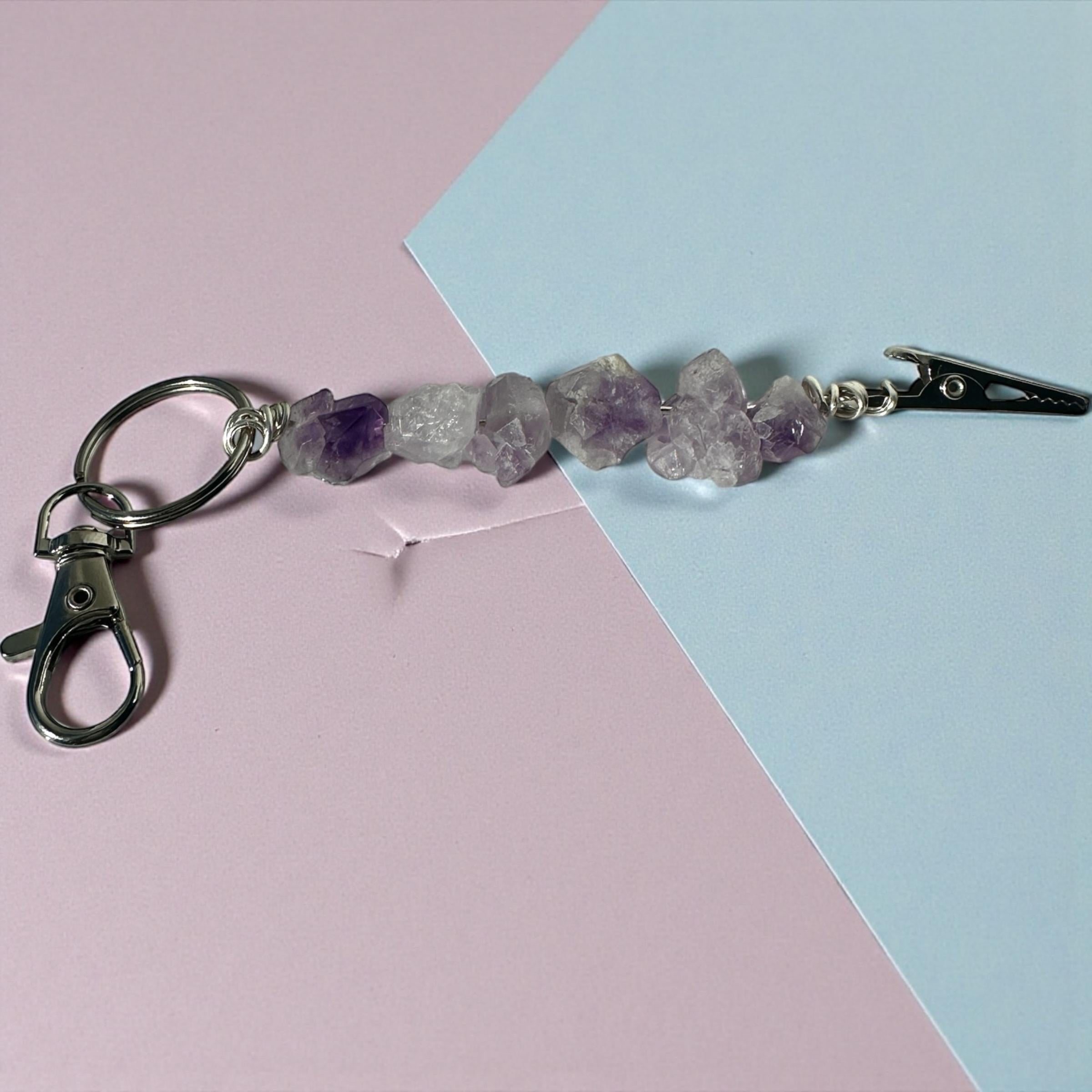 Raw Amethyst atm Card Grabber Clip – Long Nail Helper, Crystal Keychain