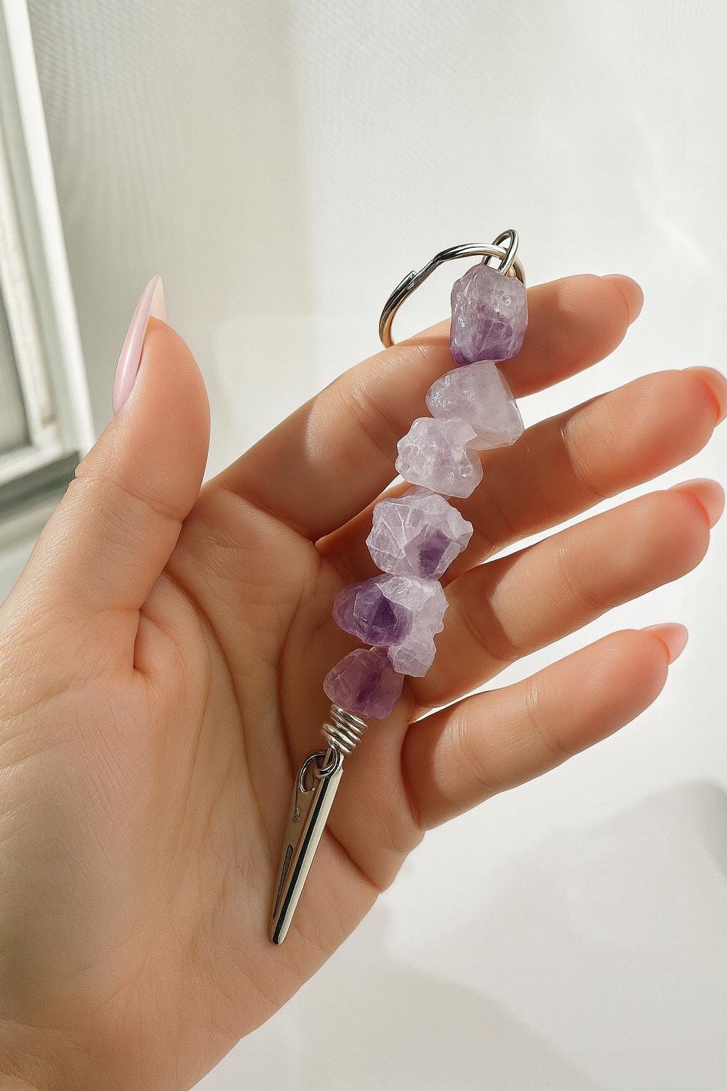 Raw Amethyst atm Card Grabber Clip – Long Nail Helper, Crystal Keychain