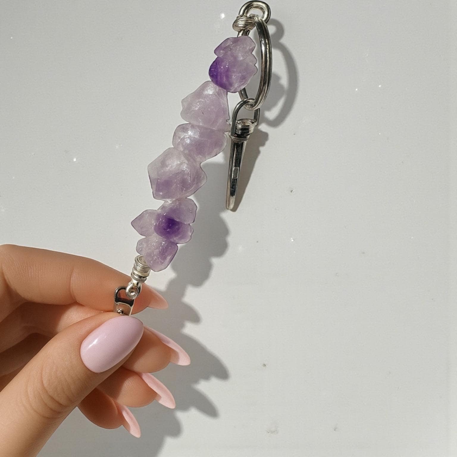 Raw Amethyst atm Card Grabber Clip – Long Nail Helper, Crystal Keychain