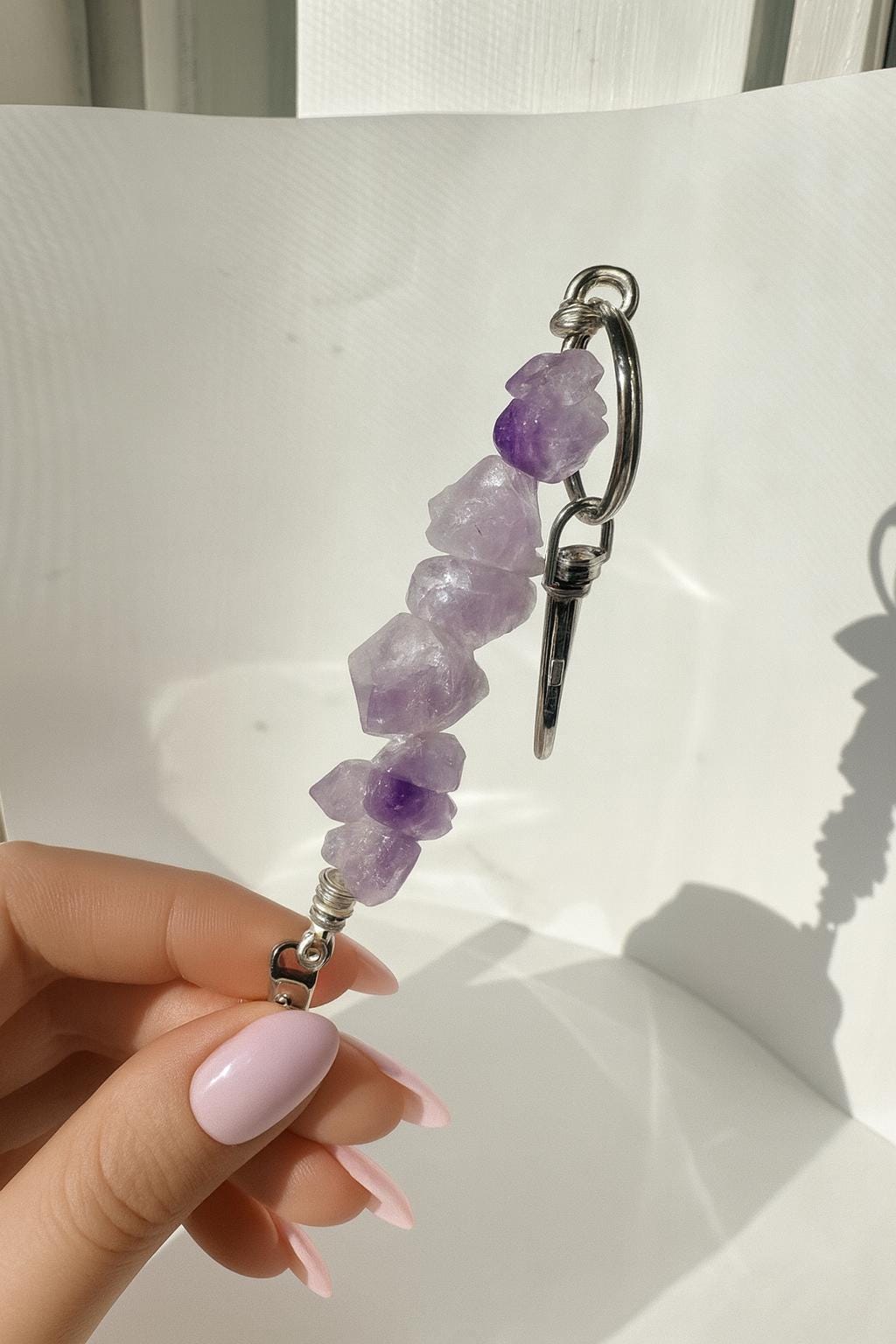 Raw Amethyst atm Card Grabber Clip – Long Nail Helper, Crystal Keychain