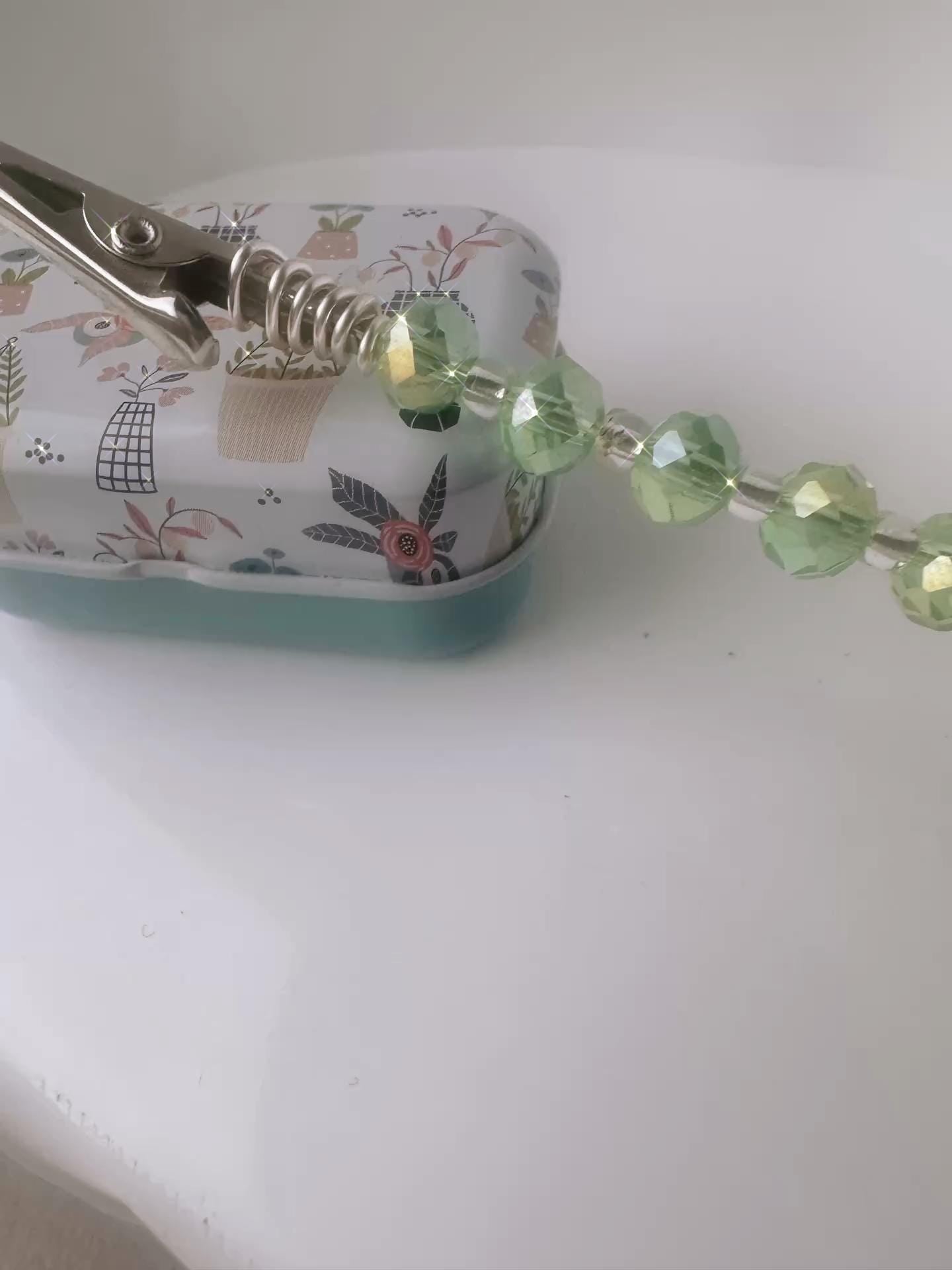 Ocean Green Crystal ATM Card Clip – Long Nail Helper with Matching Storage Tin – Beaded Alligator Grabber