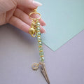 Handmade Cat Charm ATM Card Clip, Green Crystal Beaded Keychain Helper